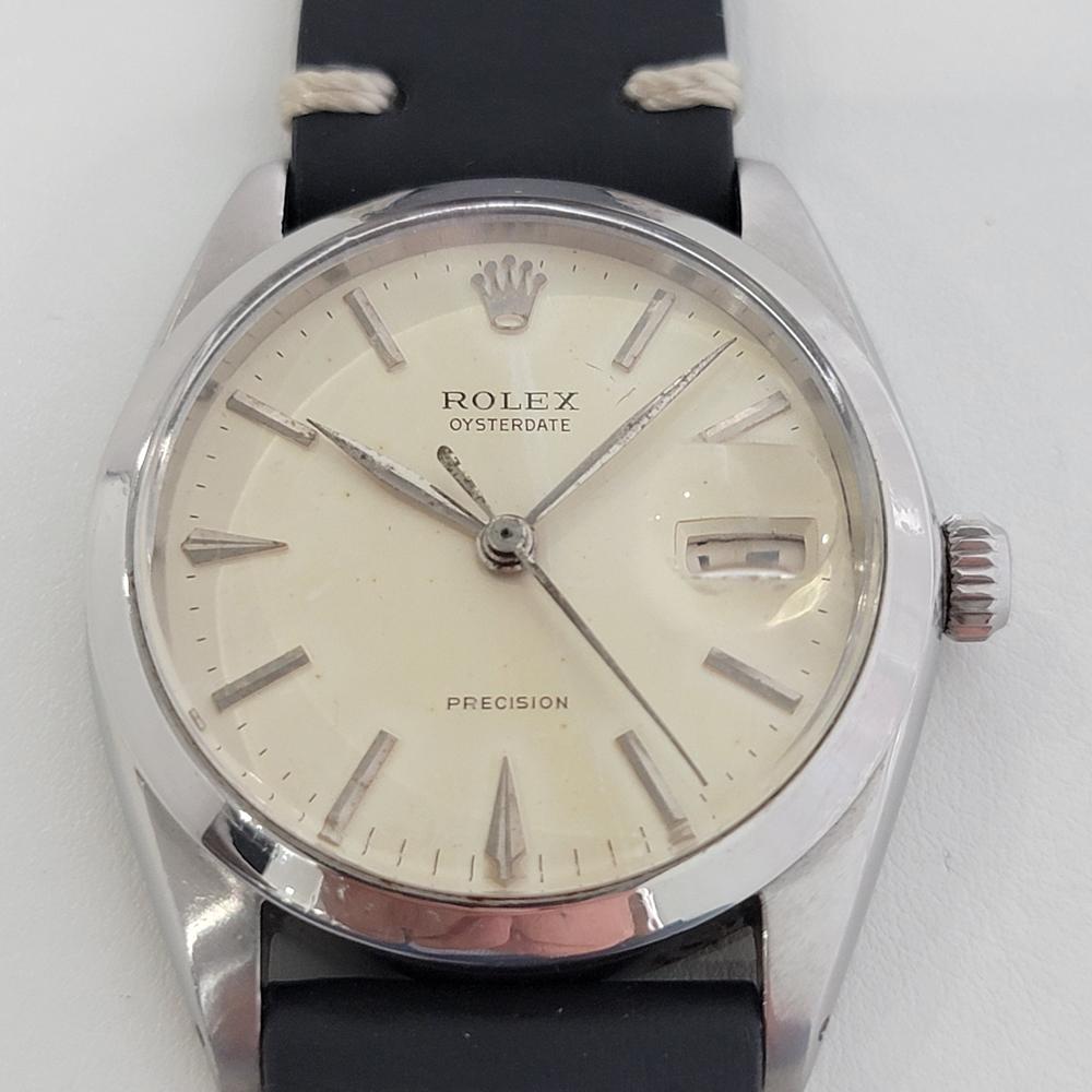 Timeless icon, Men's Rolex Oysterdate Precision ref. 6694 manual wind, c.1968. Verified authentic by a master watchmaker. Gorgeous Rolex signed vintage white dial, applied gold indice hour markers, gilt minute and hour hands, sweeping central second
