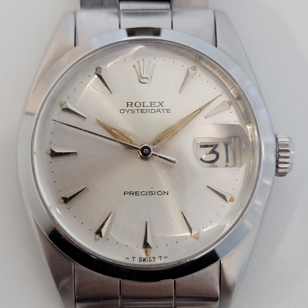 Iconic classic, Men's all-stainless steel Rolex ref.6694 Oysterdate Precision hand-wind dress watch, c.1966, all original. Verified authentic by a master watchmaker. Gorgeous Rolex signed silver dial, applied indice hour markers, gilt minute and