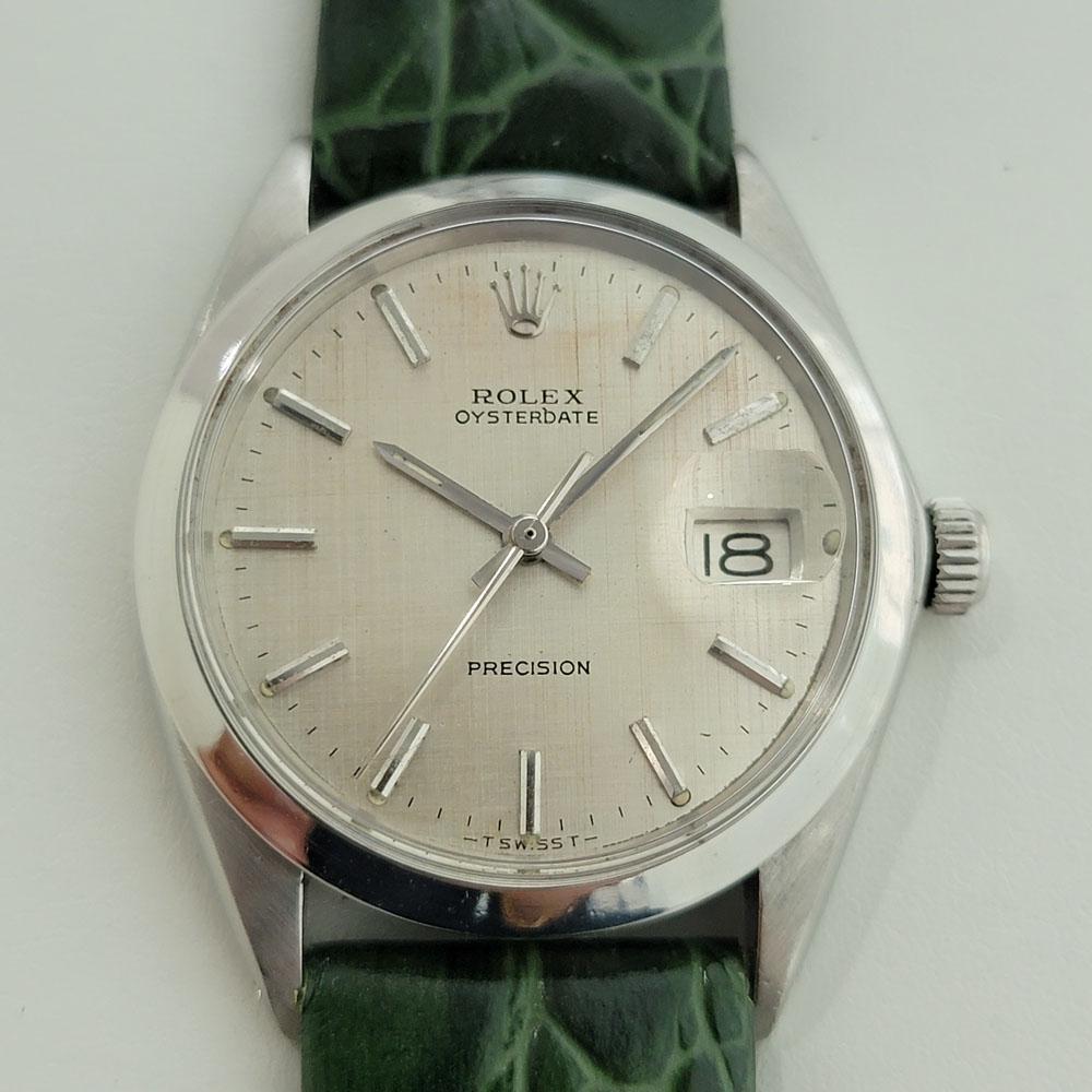Vintage icon, Men's Rolex ref.6694 Oysterdate Precision hand-wind dress watch, c.1967. Verified authentic by a master watchmaker. Gorgeous original, unrefurbished Rolex signed linen dial, applied indice hour markers, silver minute and hour hands,