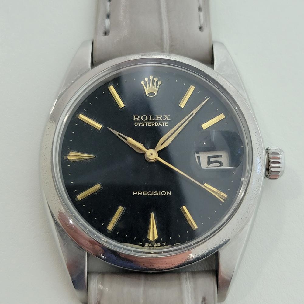 Iconic classic, Men's Rolex Oysterdate Precision ref 6694 hand-wind dress watch, c.1960s. Verified authentic by a master watchmaker. Gorgeous Rolex signed black dial, applied indice hour markers, gilt minute and hour hands, sweeping central second