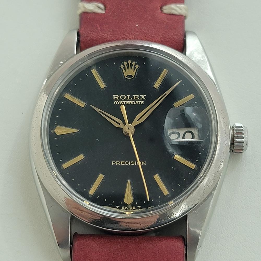 Iconic classic, Men's Rolex Oysterdate Precision ref 6694 hand-wind dress watch, c.1960s. Verified authentic by a master watchmaker. Gorgeous Rolex signed black dial, applied indice hour markers, gilt minute and hour hands, sweeping central second