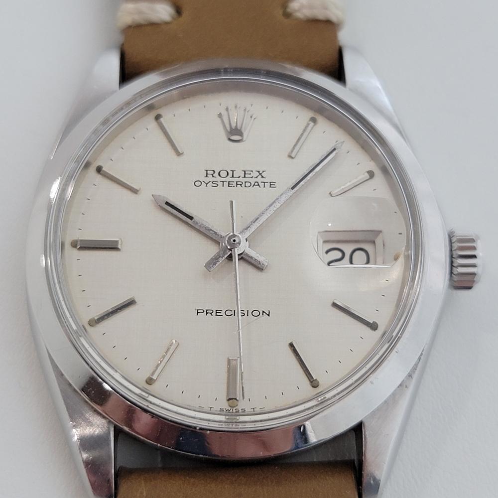 Timeless icon, Men's Rolex Oysterdate Precision ref.6694 hand-wind dress watch, c.1969. Verified authentic by a master watchmaker. Gorgeous Rolex signed silver dial, applied indice hour markers, silver minute and hour hands, sweeping central second
