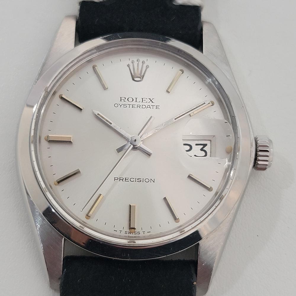 Iconic vintage classic, Men's Rolex Oysterdate Precision ref.6694, hand-wind dress watch, c.1981, in excellent working condition. Verified authentic by a master watchmaker. Gorgeous Rolex signed silver dial, applied baton index hour markers, silver