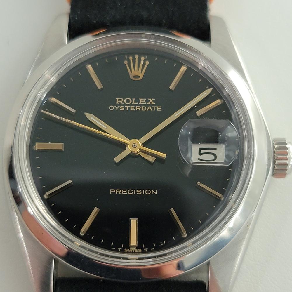 Timeless classic, Men's Rolex ref.6694 Oysterdate Precision hand-wind dress watch, c.1976. Verified authentic by a master watchmaker. Gorgeous Rolex signed black dial, applied indice hour markers, lumed minute and hour hands, sweeping central second