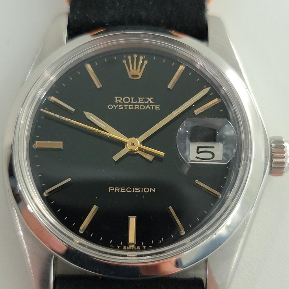 Zeitloser Klassiker, Herrenuhr Rolex ref.6694 Oysterdate Precision mit Handaufzug, ca. 1976. Von einem Uhrmachermeister für echt befunden. Wunderschönes, signiertes schwarzes Rolex-Zifferblatt, aufgesetzte Indexe, beleuchtete Minuten- und