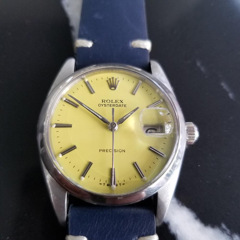 Stunning classic, Men's Rolex Oysterdate Precision Ref.6694 manual wind, c.1966. Verified authentic by a master watchmaker. Original Rolex dial restored in custom yellow, applied silver baton hour markers, silver minute and hour hands, sweeping