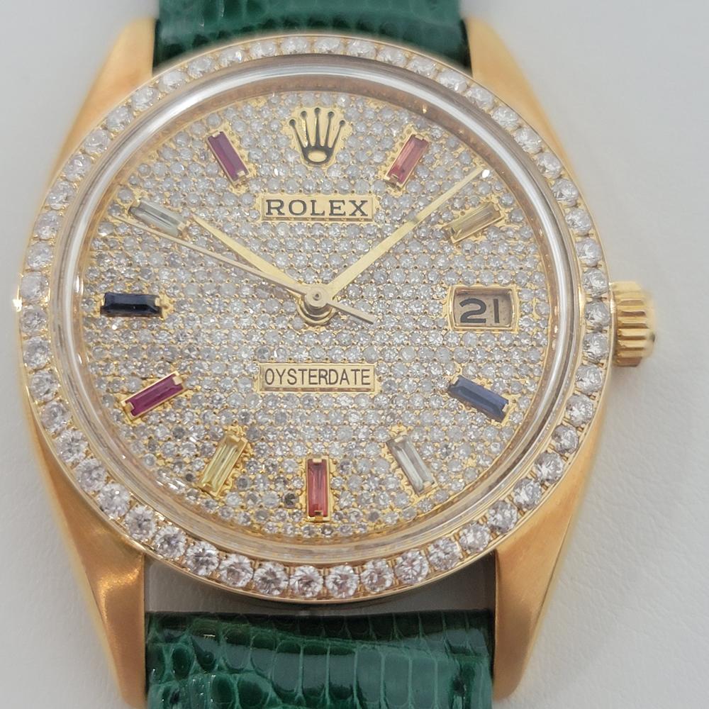 Timeless icon, Men's gold-capped Rolex Oysterdate Precision Ref 6494 manual wind with 18k gold diamond bezel, c.1956. Verified authentic by a master watchmaker. Original Rolex dial with dazzling aftermarket diamond set, applied sapphire indice hour