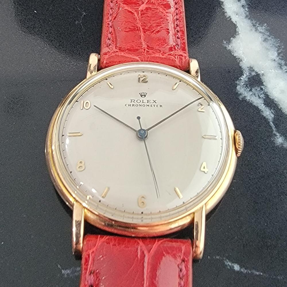 Luxurious classic, men's Rolex Precision ref.4282 solid 14ct rose gold manual wind, c.1944. Verified authentic by a master watchmaker. Gorgeous Rolex signed cream dial, applied indice and Arabic numeral hour markers, minute and hour hands, sweeping