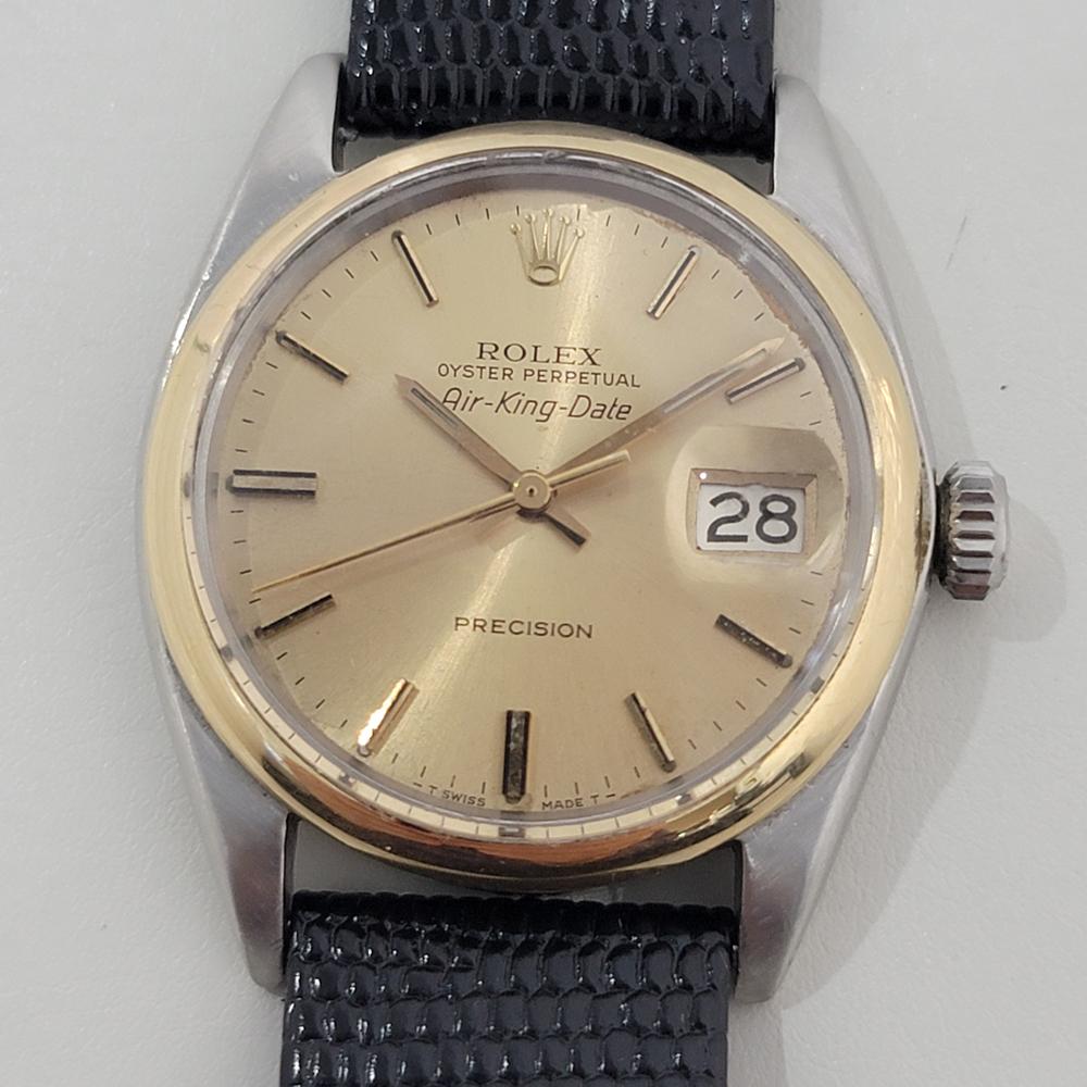 Rare classique, Rolex ref.5701 Air King Date pour homme avec lunette en or 14k automatique, c.1967, en excellent état de marche. Vérifié authentique par un maître horloger. Magnifique cadran en or signé Rolex, index sabre appliqués, aiguilles des