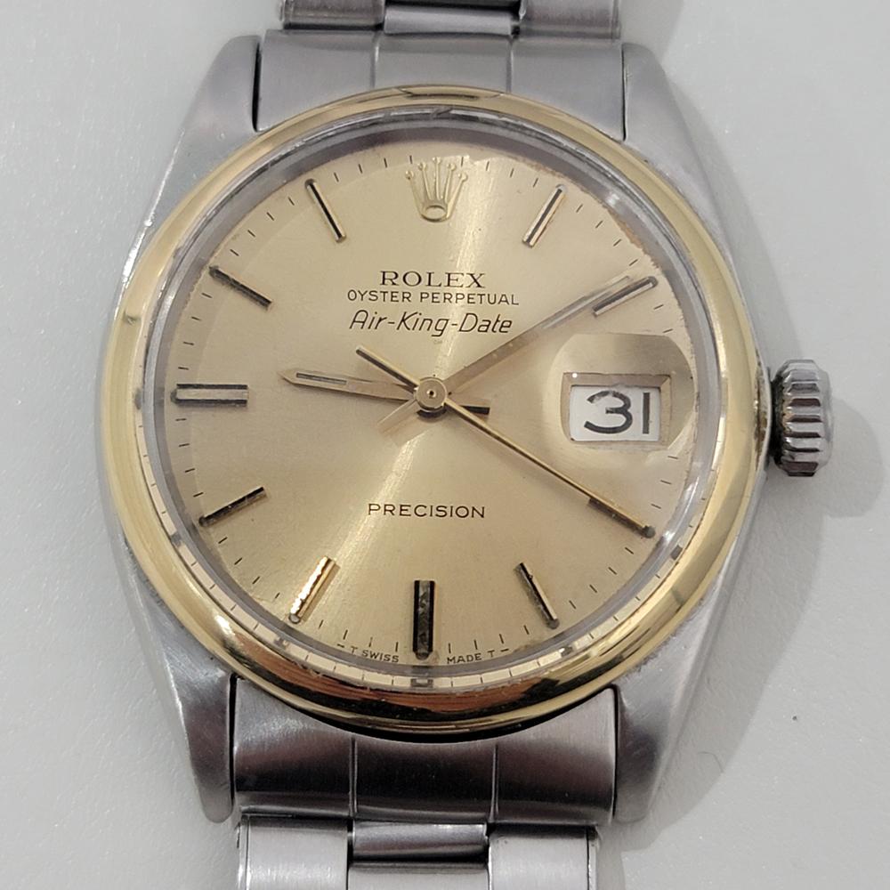 Iconic classic, Men's rare Rolex Air King Date ref.5701 14k gold stainless steel automatic, c.1967, in excellent working condition. Verified authentic by a master watchmaker. Gorgeous Rolex signed gold dial, applied sword index hour markers, gilt