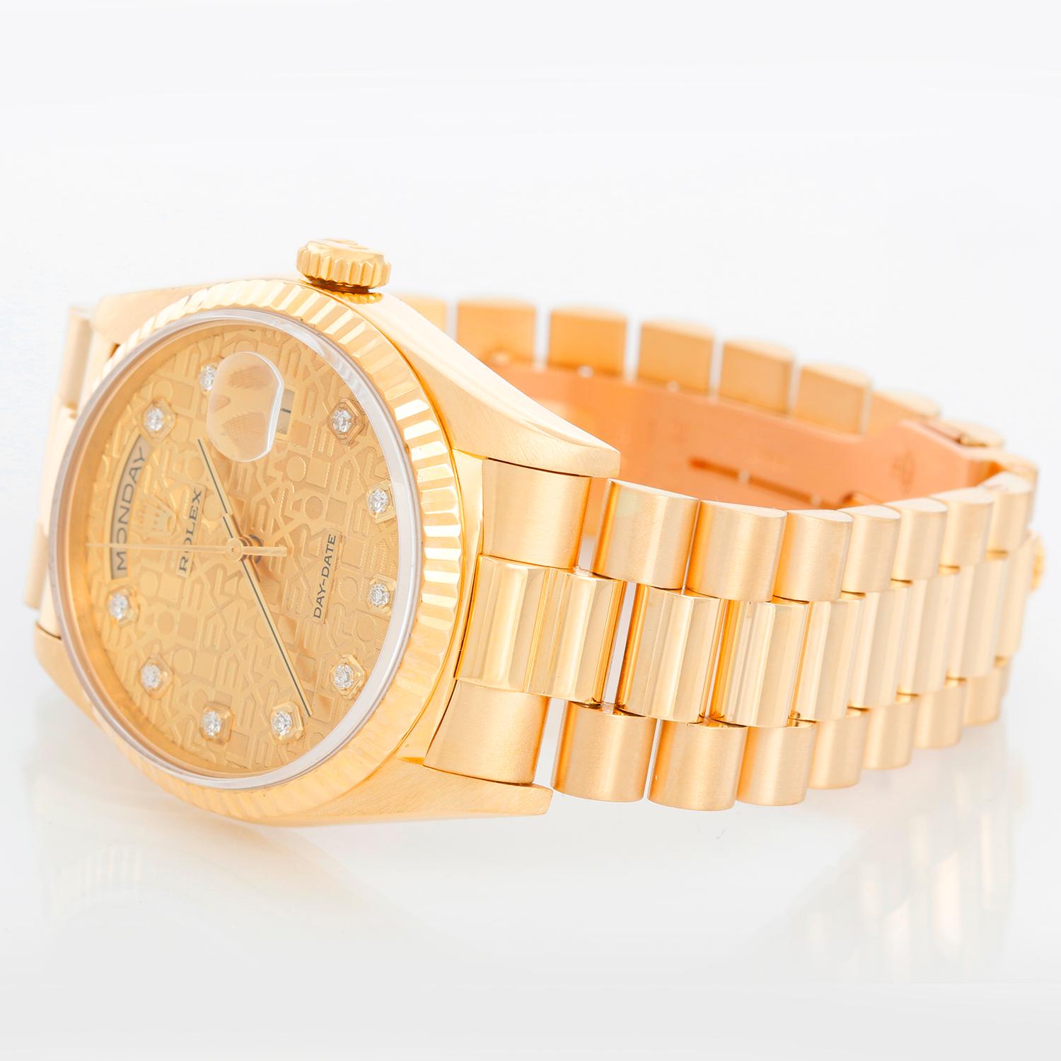 Men's Rolex President - Day-Date Watch 18238 - Automatic winding, 31 jewels, Quickset day/date, sapphire crystal. 18k yellow gold case with fluted bezel . Champagne Jubilee Diamond dial . 18k yellow gold hidden-clasp President bracelet. Pre-owned