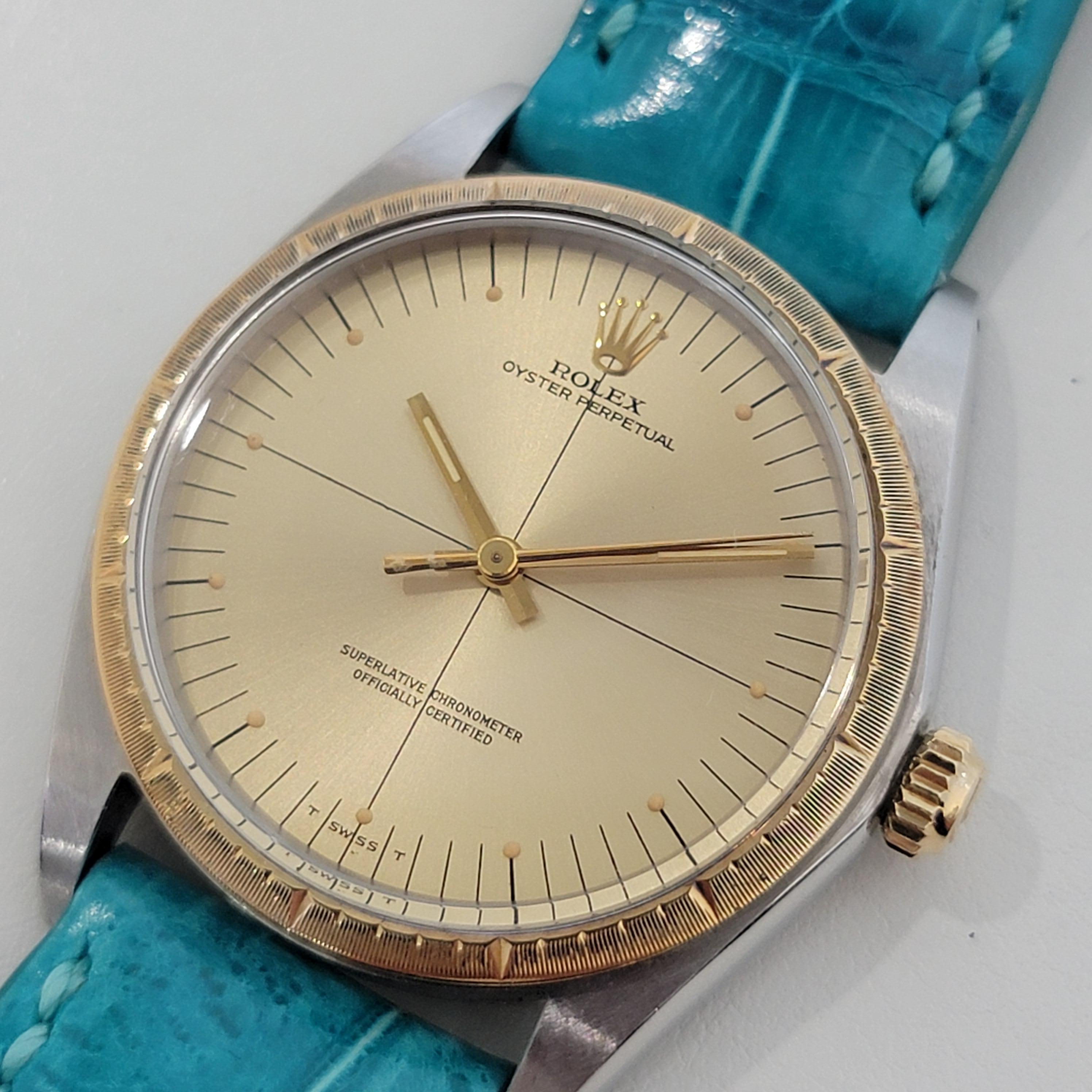Timeless icon, Men's Rolex Oyster Perpetual ref.1038 Zephyr, solid 18k gold & stainless steel automatic, c.1969. Verified authentic by a master watchmaker. Gorgeous Rolex signed gold quadrant dial, applied droplet numeral hour markers, gilt minute