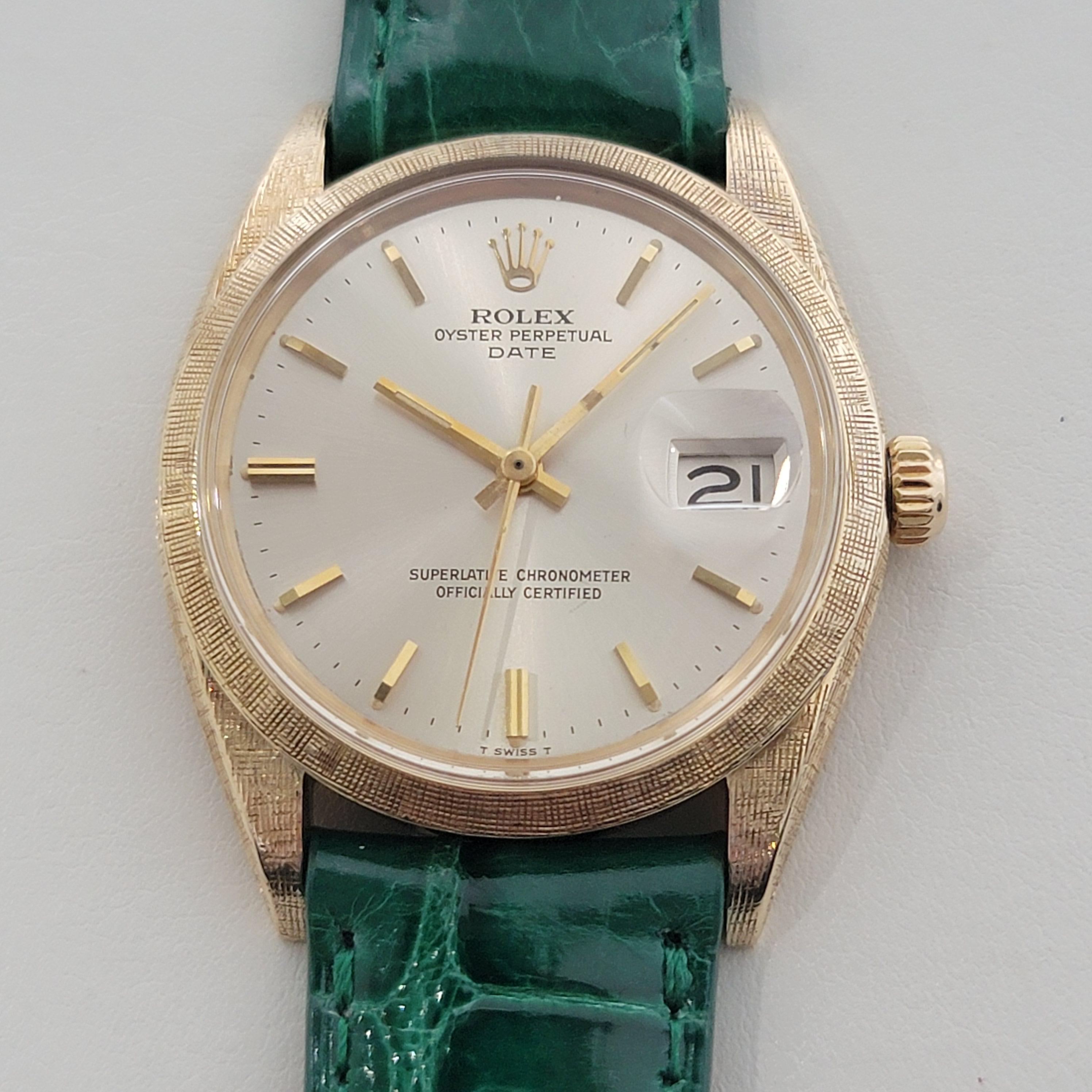 Mens Rolex Ref 1500 Oyster Perpetual Date 35mm 14K Gold Automatic 1960s RA267G In Excellent Condition In Beverly Hills, CA
