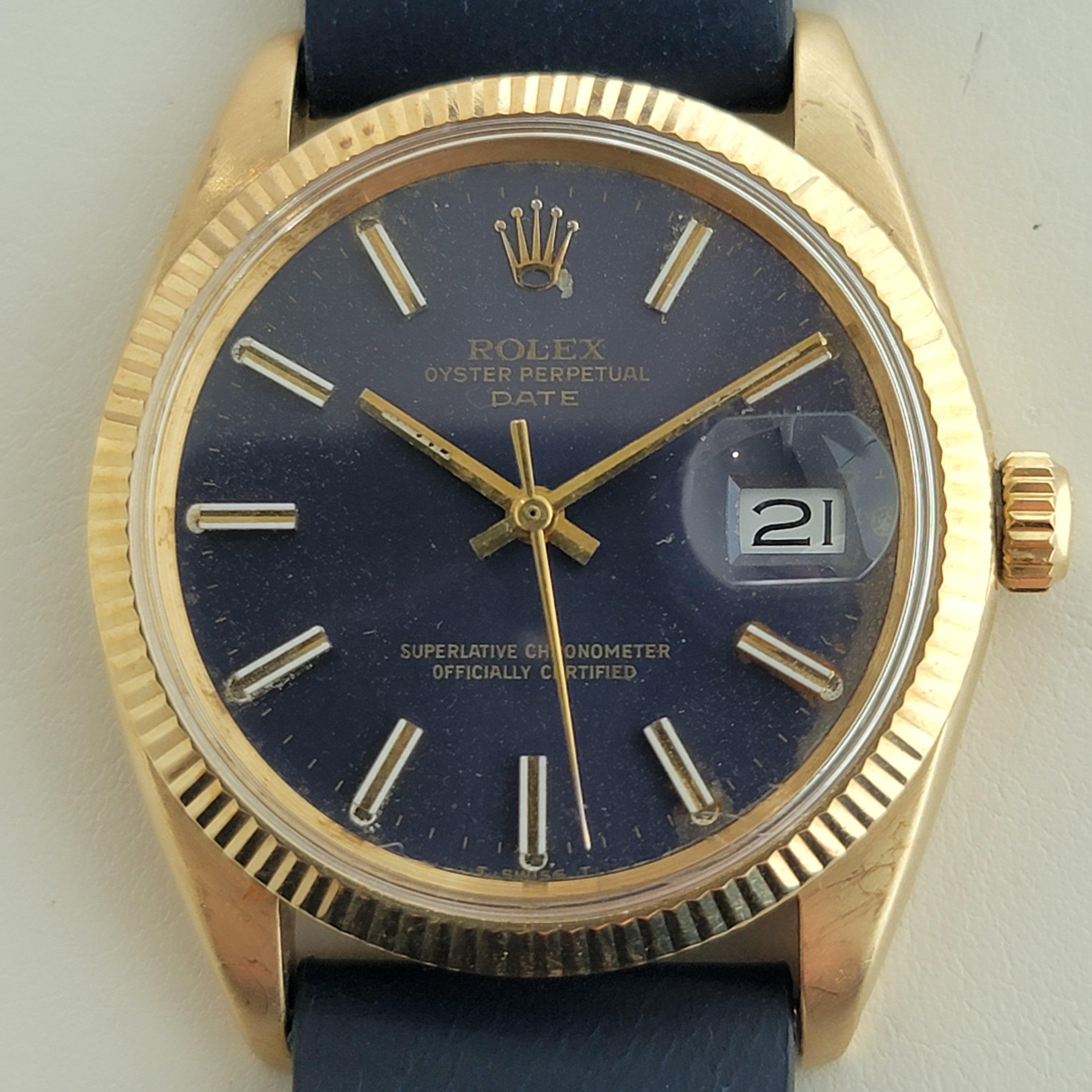 Iconic luxury, Men's solid 14k gold Rolex Oyster Perpetual Date ref.1503 automatic, c.1968. Verified authentic by a master watchmaker. Stunning Rolex signed original blue dial, applied gold indice hour markers, gilt minute and hour hands, sweeping