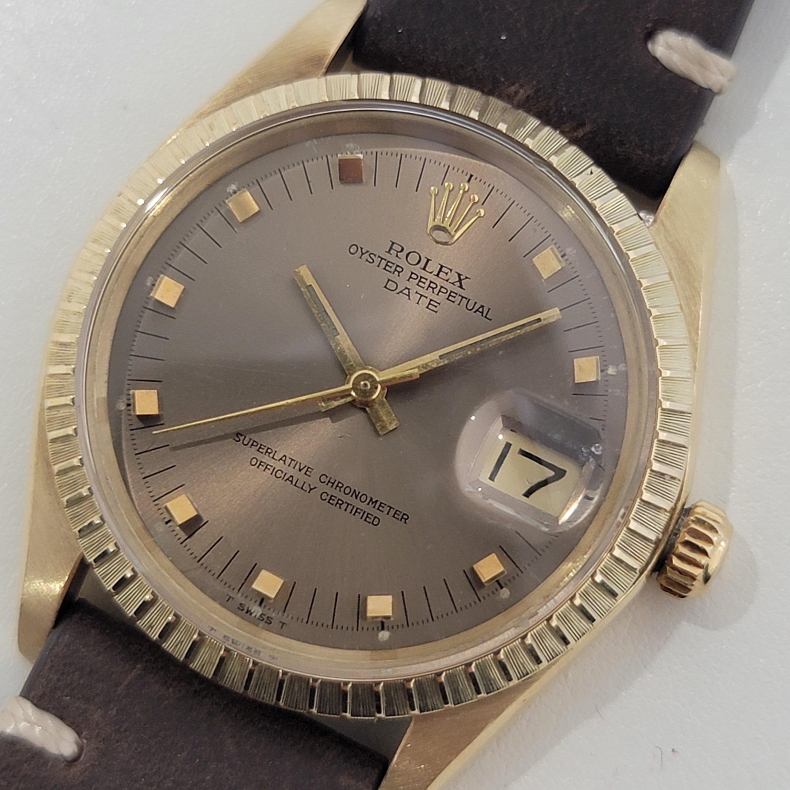 Luxurious classic, Men's Rolex 1504 Oyster Perpetual Date solid 14k gold automatic, c.1970s. Verified authentic by a master watchmaker. Gorgeous Rolex signed dial, applied gold indice hour markers, gilt minute and hour hands, sweeping central second