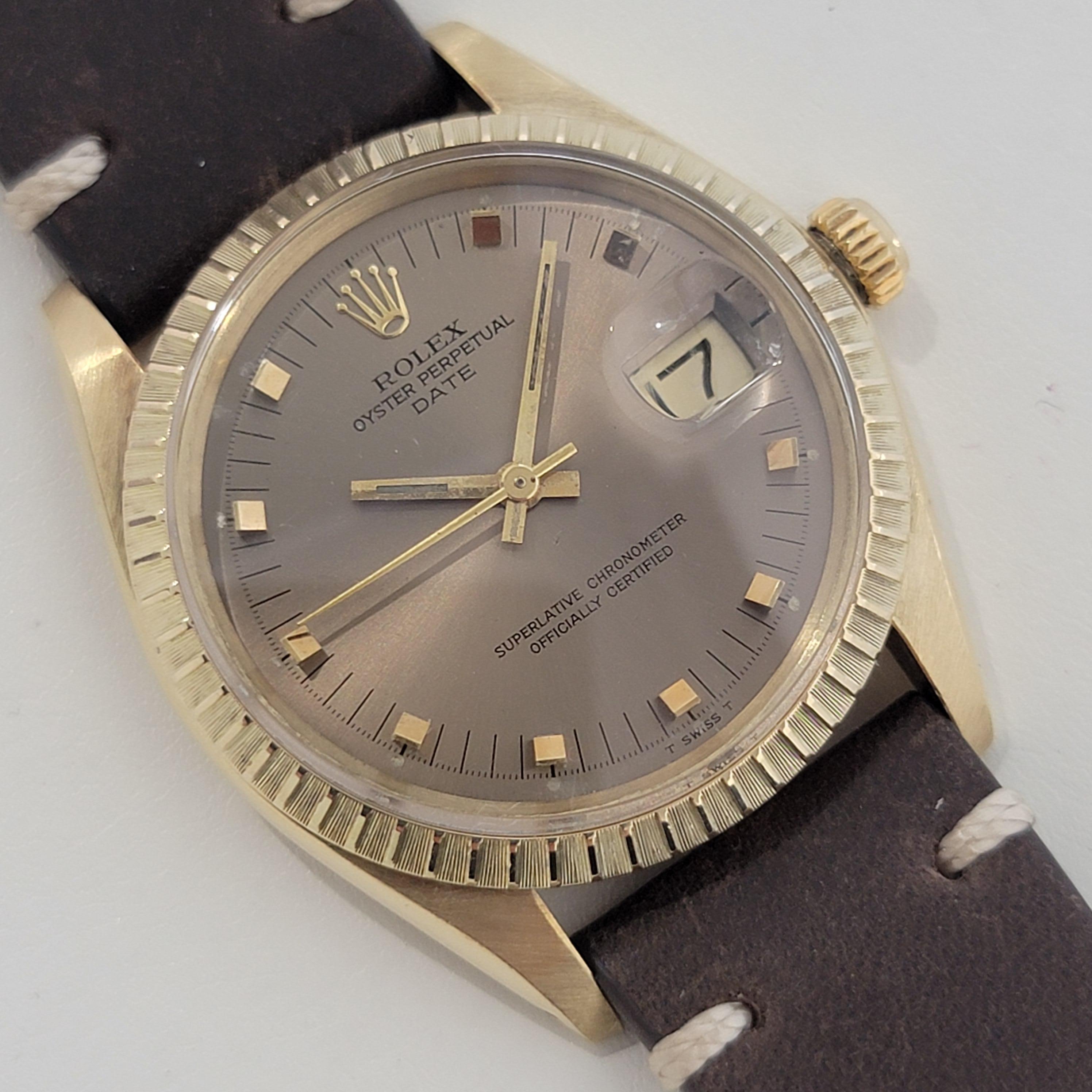 Men's Rolex Ref 1503 Oyster Perpetual Date 14k Gold Automatic 1970s RJC120B In Excellent Condition For Sale In Beverly Hills, CA