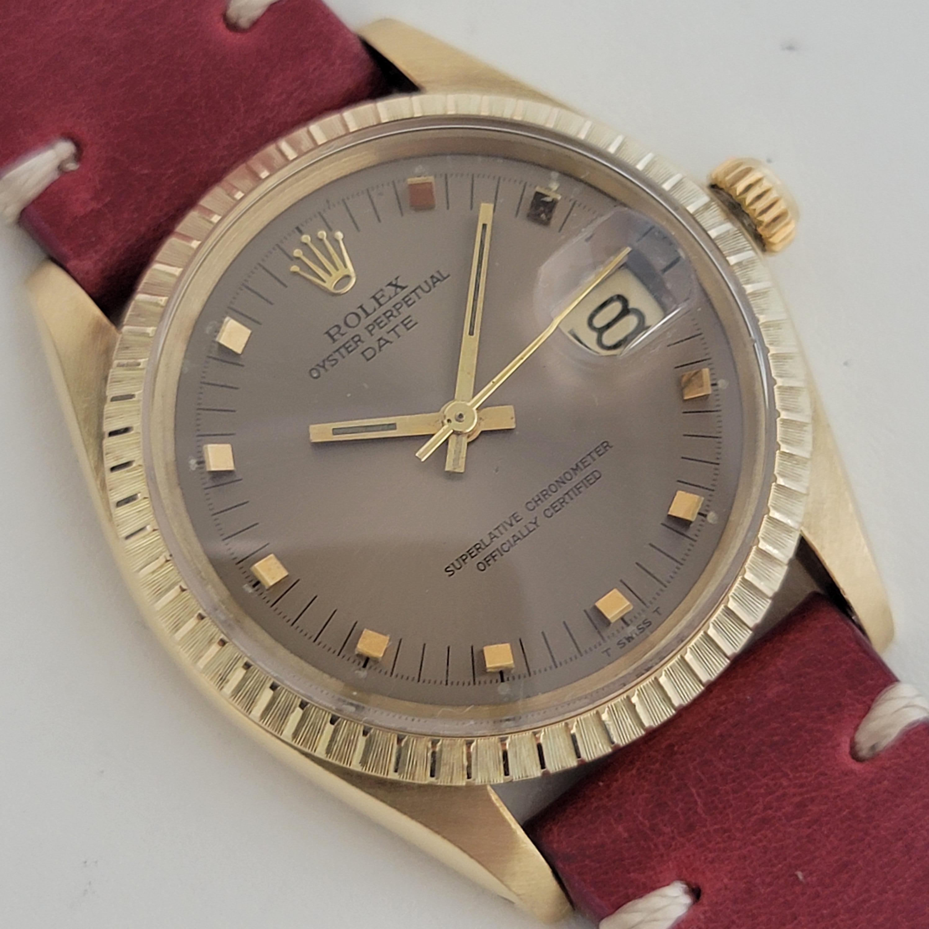 Mens Rolex Ref 1503 Oyster Perpetual Date 14k Solid Gold Automatic 1970s RJC120 In Excellent Condition For Sale In Beverly Hills, CA