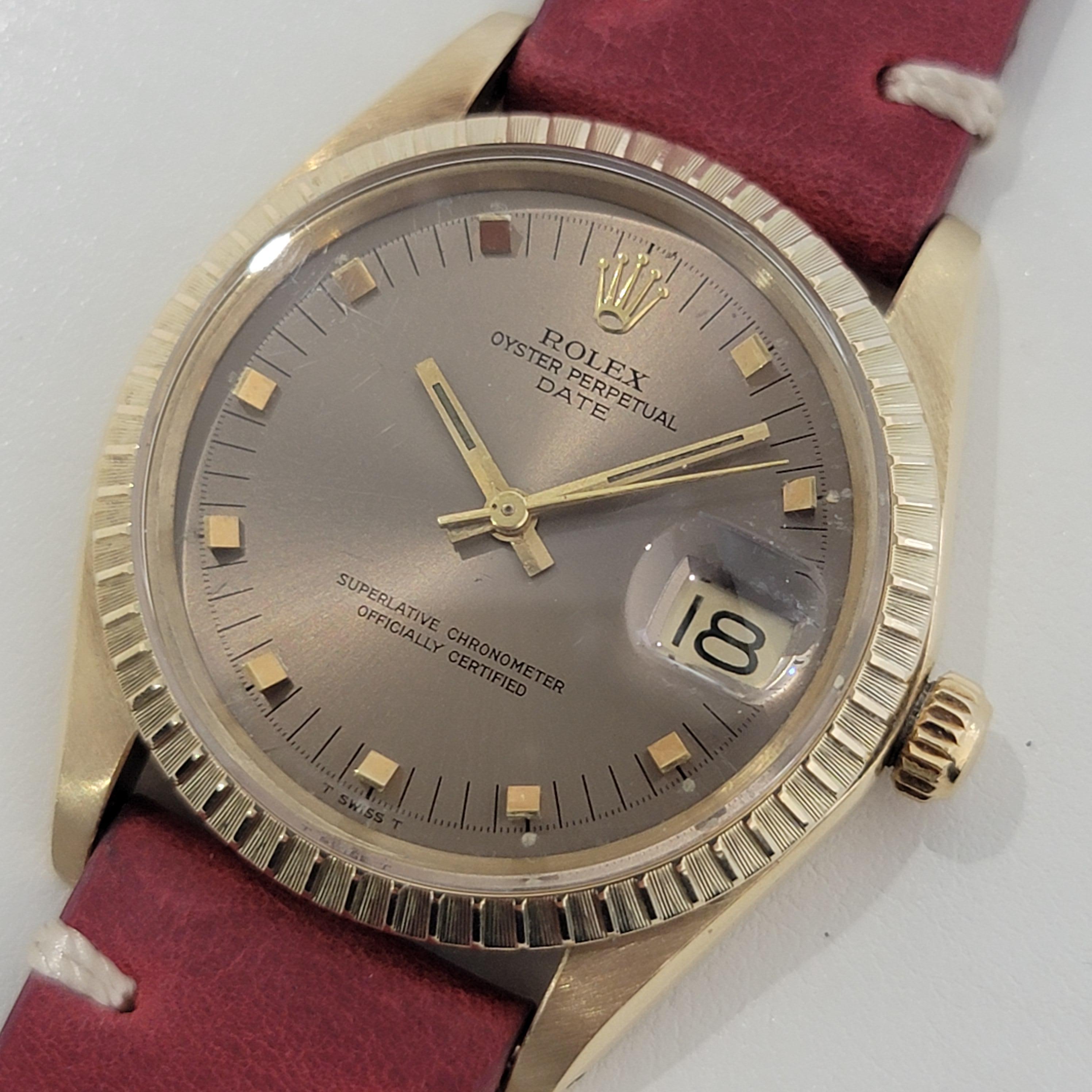 Timeless luxury, Men's Rolex Oyster Perpetual Date ref.1503 solid 14k gold automatic, c.1974. Verified authentic by a master watchmaker. Gorgeous Rolex signed gold dial, applied gold indice hour markers, gilt minute and hour hands, sweeping central