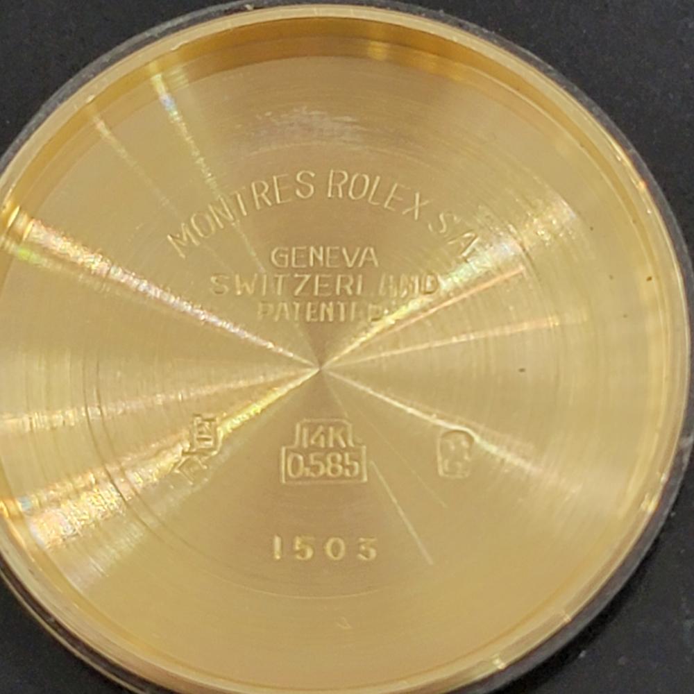 Mens Rolex Ref 1503 Oyster Perpetual Date 14k Solid Gold Automatic 1970s RJC120 For Sale 7