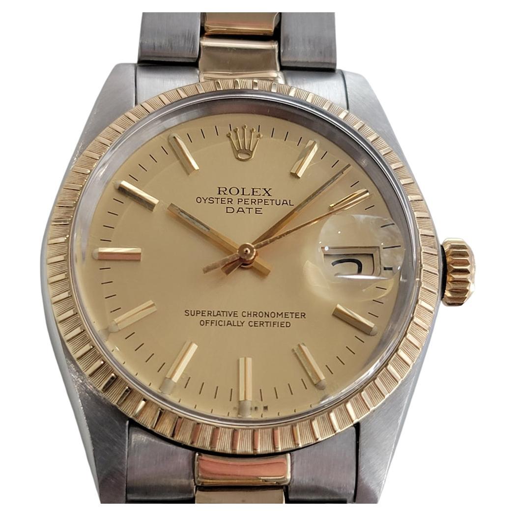 A timeless classic, Men's Rolex Oyster Perpetual Date 1505 14k gold and stainless steel automatic, c.1979, all original, in immaculate condition. Verified authentic by a master watchmaker. Gorgeous Rolex signed gold dial, applied gold baton indice