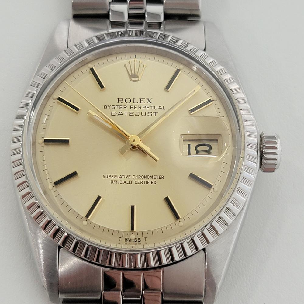 Iconic classic, Men's all-stainless steel Rolex Oyster Datejust ref.1603 automatic, c.1975, all original. Verified authentic by a master watchmaker. Gorgeous Rolex signed gold dial, applied black/gold indice hour markers, gilt minute and hour hands,