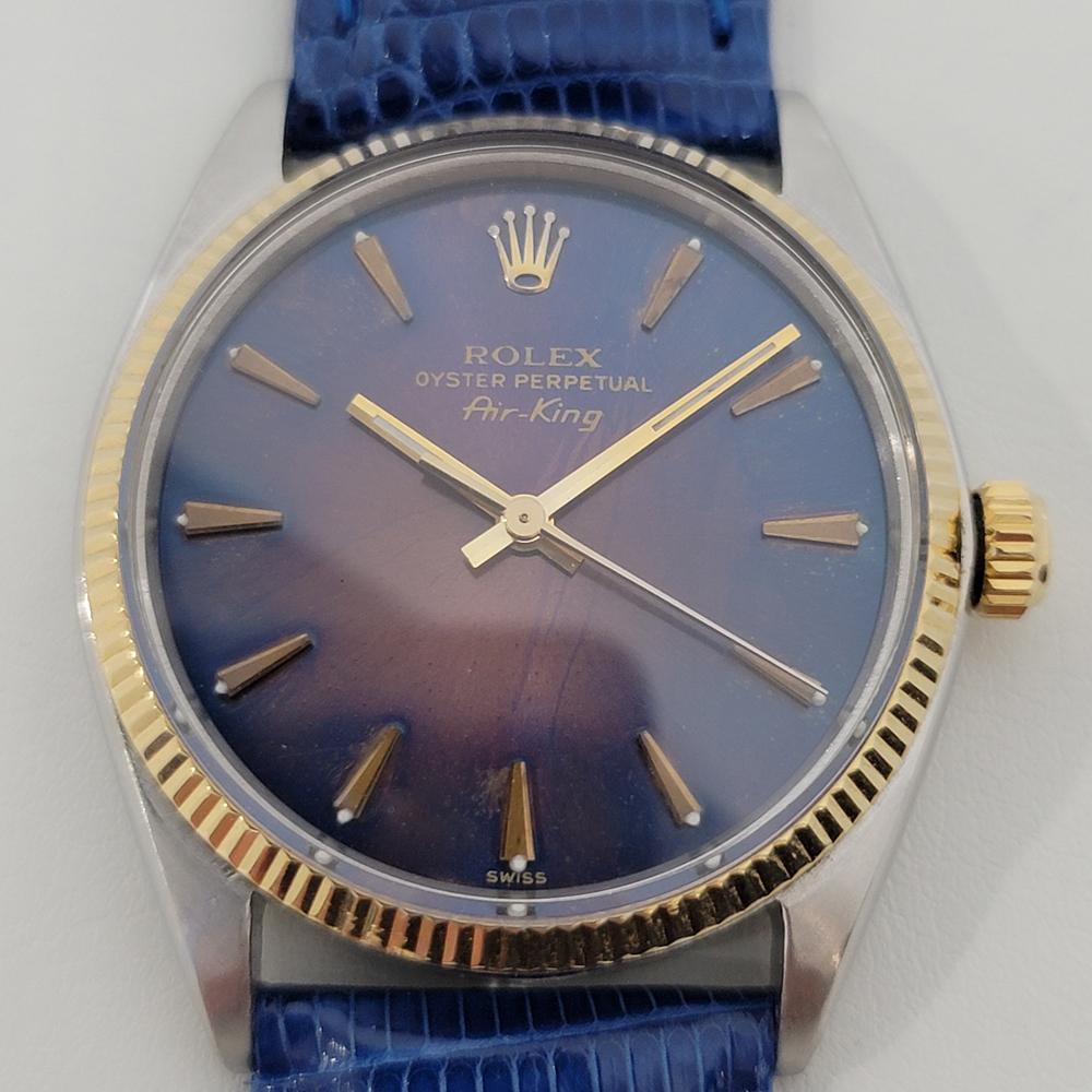 Classic icon, Men's 14k gold & stainless steel Rolex Oyster Perpetual 5501 Air-King automatic, c.1963. Verified authentic by a master watchmaker. Gorgeous, Rolex signed two tone blue dial, in excellent original, vintage condition, applied indice
