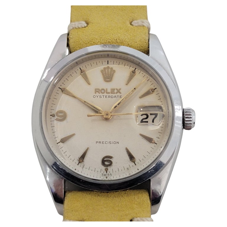 Vintage 1950s ROLEX Oysterdate Precision 6494 Hand-Wind Wrist Watch Rolex Oysterdate Precision Arabic Numerals White Waffle Dial  main image 4