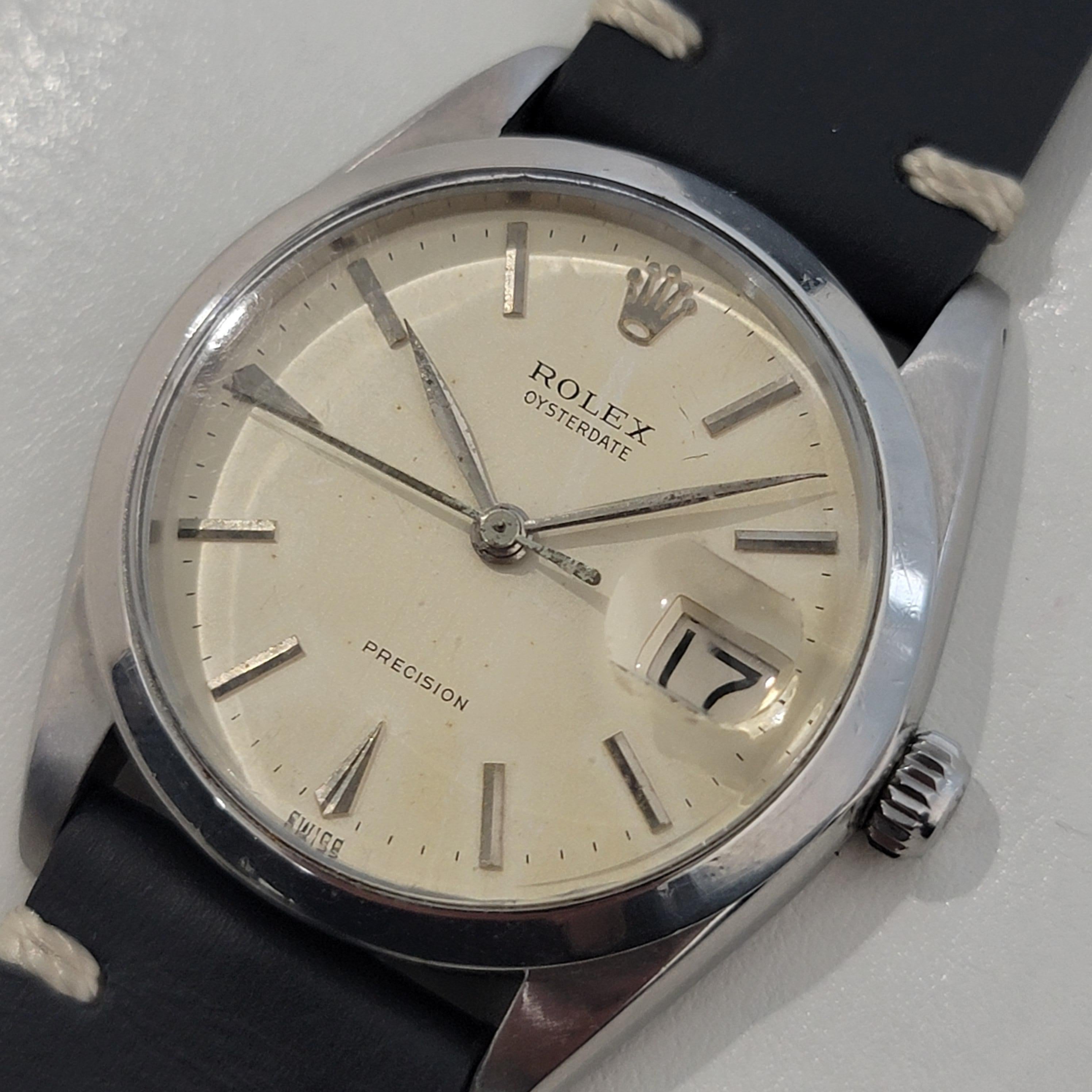 Timeless icon, Men's Rolex Oysterdate Precision ref. 6694 manual wind, c.1968. Verified authentic by a master watchmaker. Gorgeous Rolex signed vintage white dial, applied baton indice hour markers, gilt minute and hour hands, sweeping central