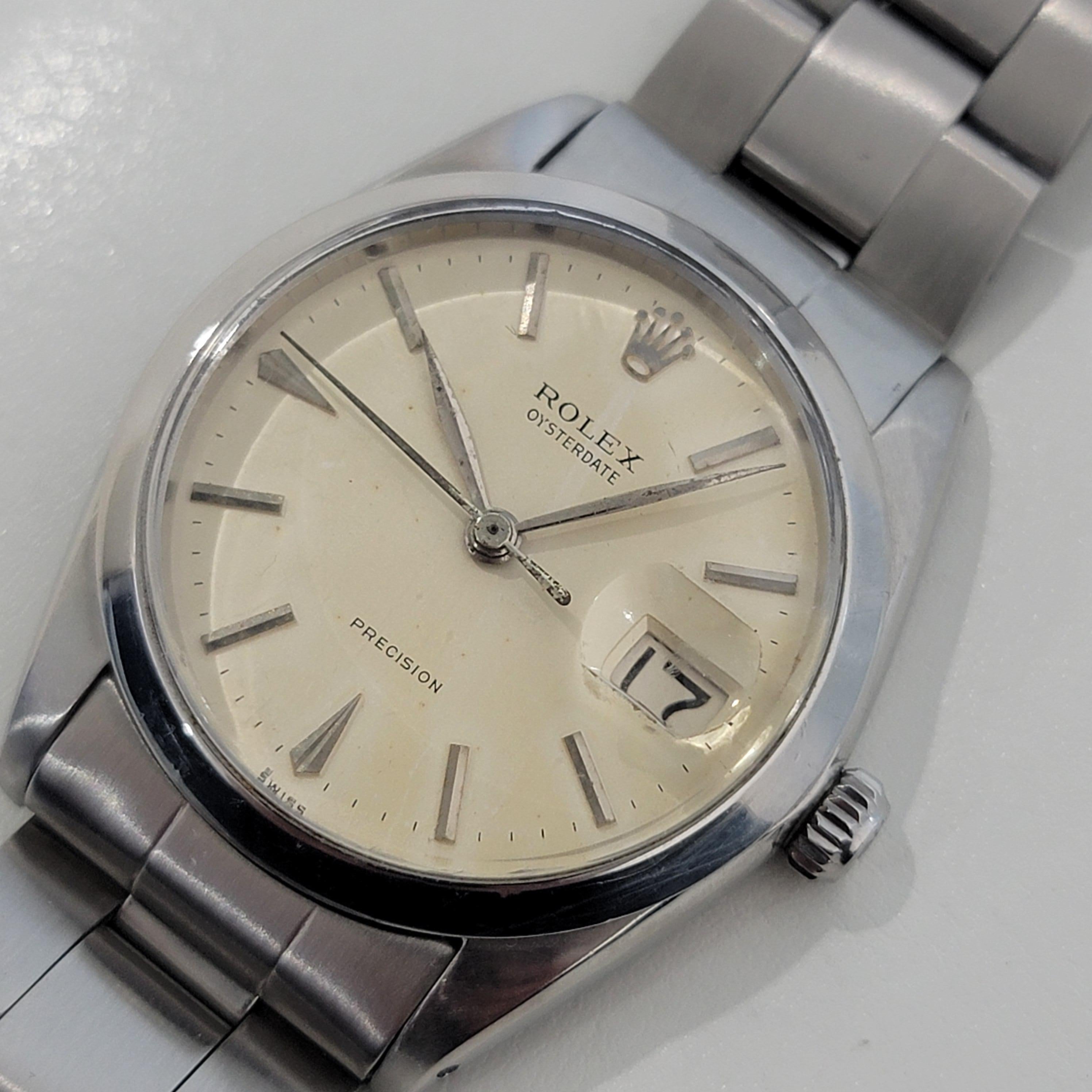 Timeless icon, Men's Rolex Oysterdate Precision ref. 6694 manual wind, c.1968, all original. Verified authentic by a master watchmaker. Gorgeous Rolex signed vintage white dial, applied indice hour markers, gilt minute and hour hands, sweeping