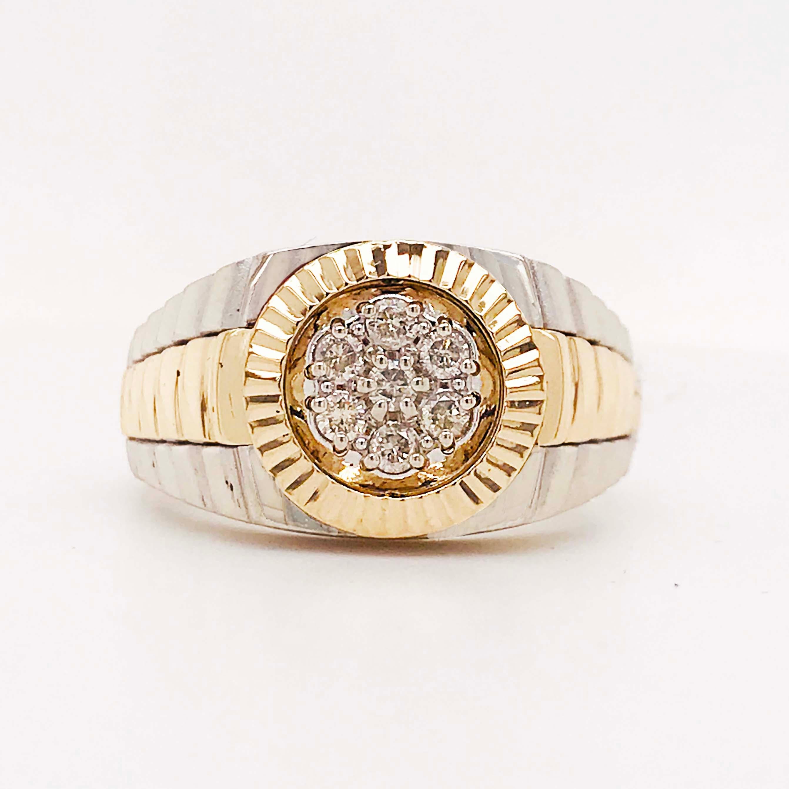 Luxury Look Alike Men's Ring! This Look-alike watch ring is a solid 14k gold ring with a two-tone Diamond watch design that resembles a luxury watch, like Rolex. The ring is designed to look like his favorite watch! With a diamond cluster center and