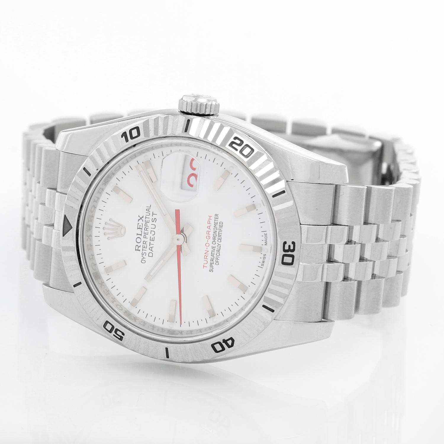 Men's Rolex Turnograph Datejust Stainless Steel Watch 116264 - Automatic winding, 31 jewel, sapphire crystal. Stainless steel case with 18k white gold Thunderbird bezel  (36mm diameter). White dial with stick markers; red date and second hand.