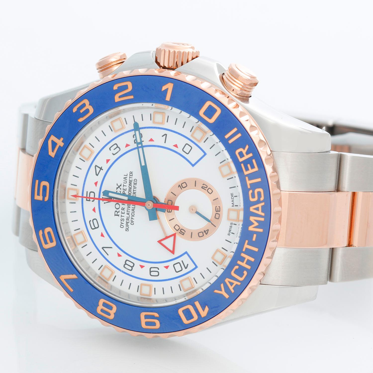 Men's Rolex Yacht-Master II Regatta Watch 116681 - Automatic winding, Regatta Chronograph, 31 jewels, sapphire crystal. Stainless steel case with rose gold bezel with blue insert (44mm diameter). White dial with luminous markers; gold rimmed seconds