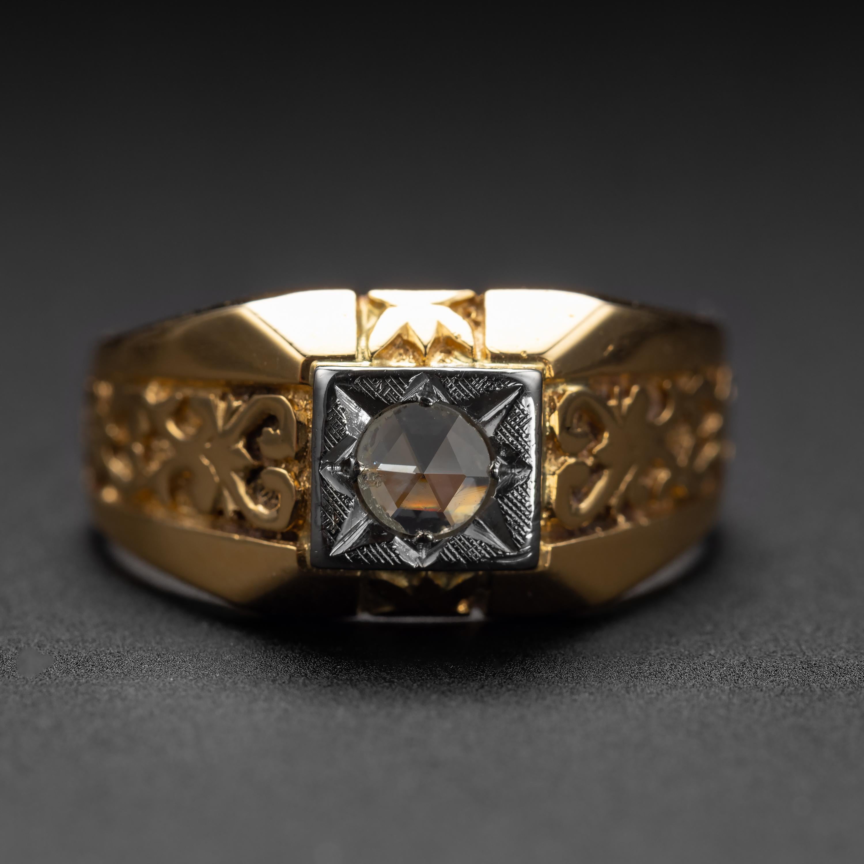 Featuring deeply hand-carved shoulders with a distinctly Jacobian sensibility, this substantial diamond ring is an extraordinary work of goldsmithing art. Originally created for a man, the ring could today of course be worn by anyone.

The Tudor and