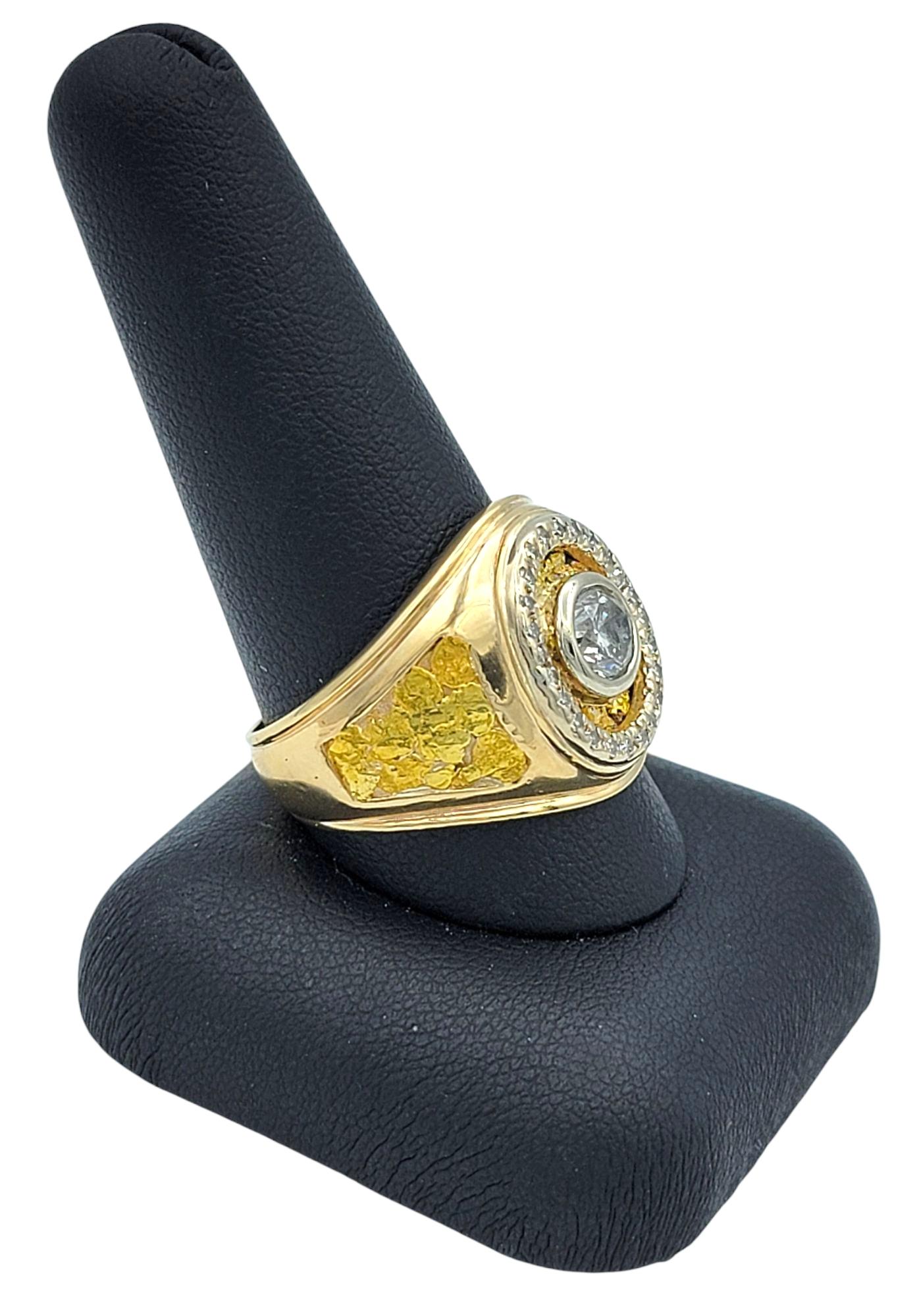 Mens Round Bezel Set Diamond Chunky Signet Ring 10 Karat Yellow and White Gold For Sale 4