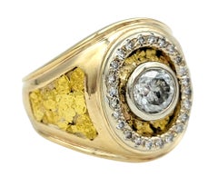 Mens Round Bezel Set Diamond Chunky Signet Ring 10 Karat Yellow and White Gold