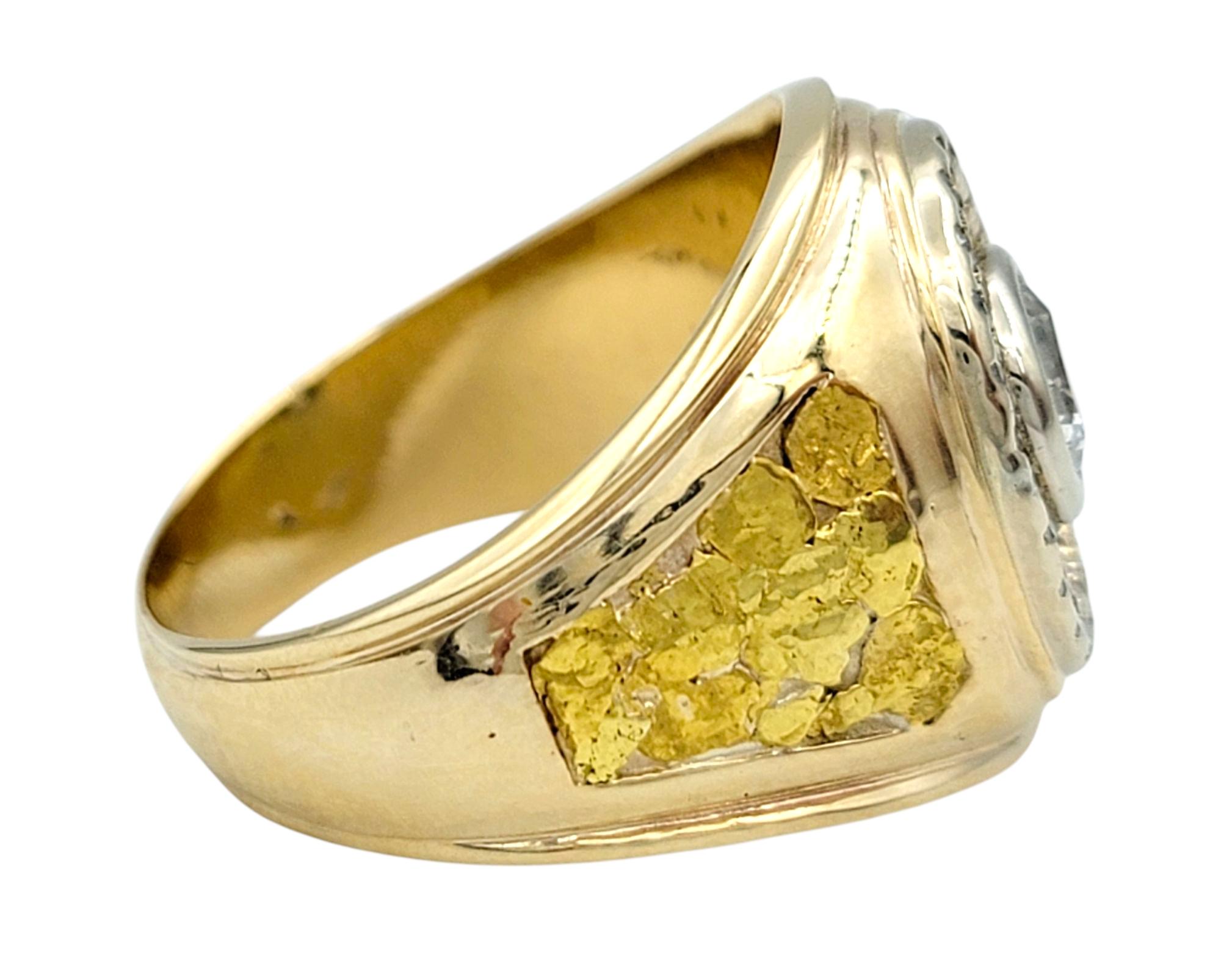 Contemporary Mens Round Bezel Set Diamond Chunky Signet Ring 10 Karat Yellow and White Gold For Sale