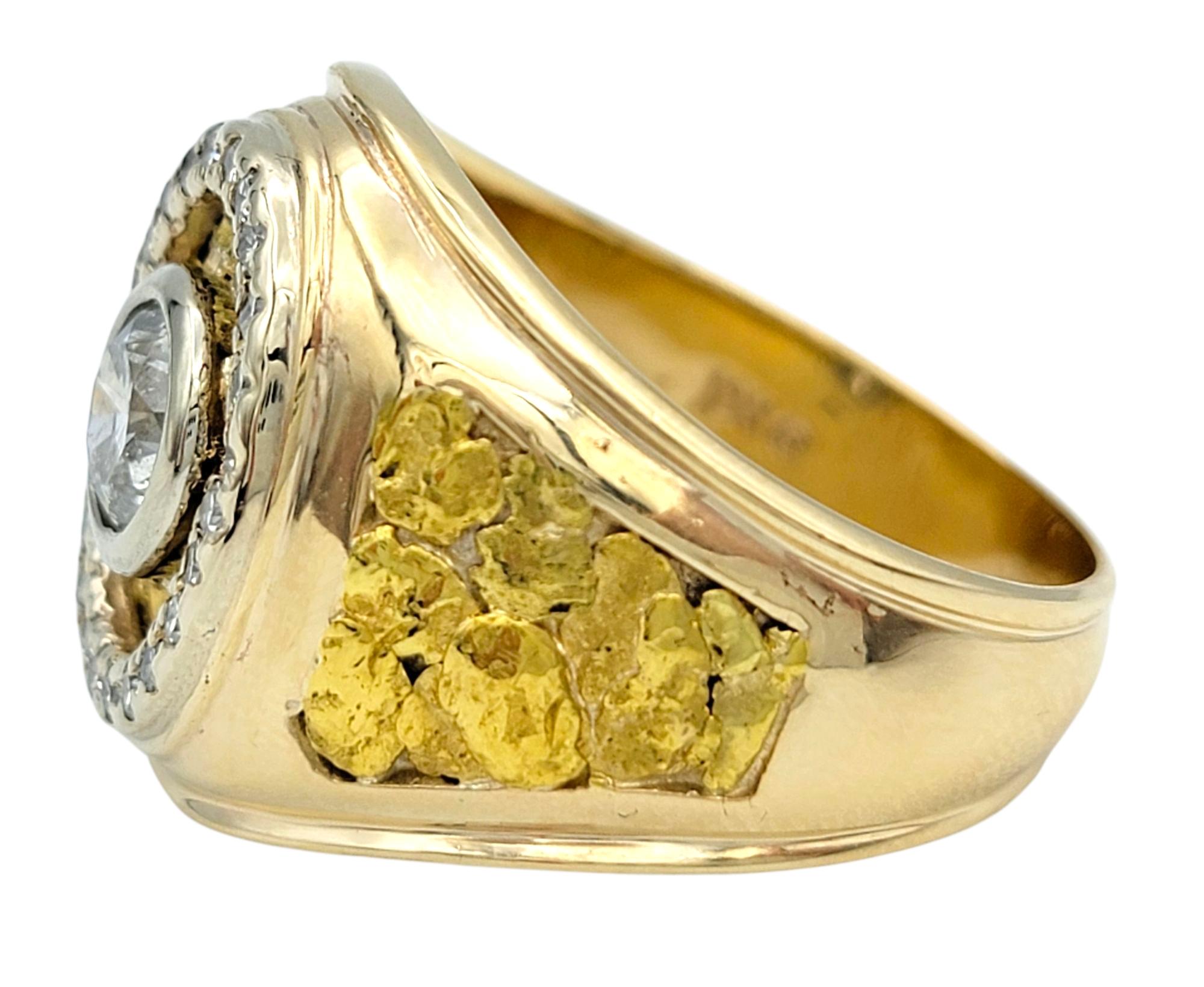 Round Cut Mens Round Bezel Set Diamond Chunky Signet Ring 10 Karat Yellow and White Gold For Sale