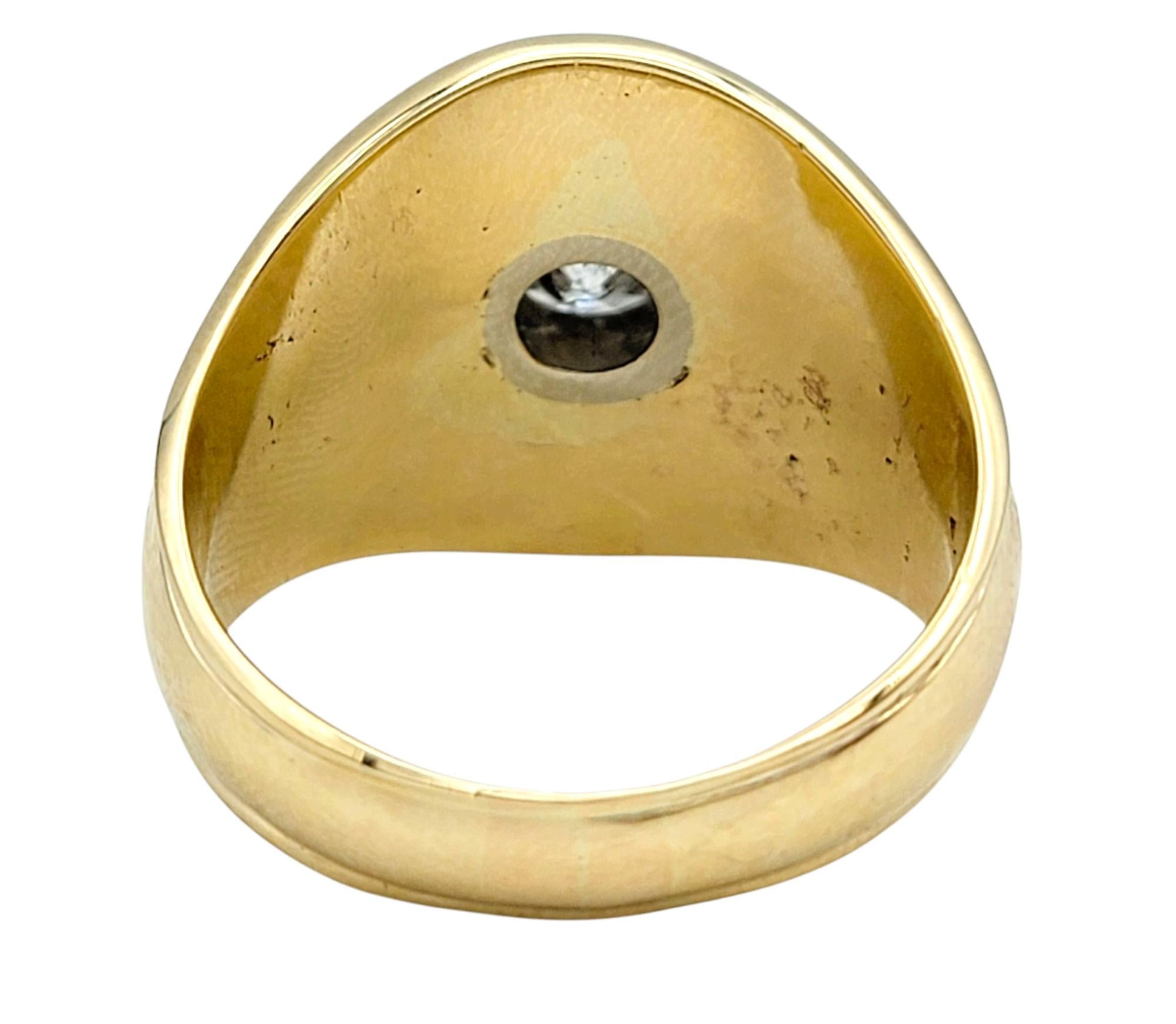 Mens Round Bezel Set Diamond Chunky Signet Ring 10 Karat Yellow and White Gold In Good Condition For Sale In Scottsdale, AZ