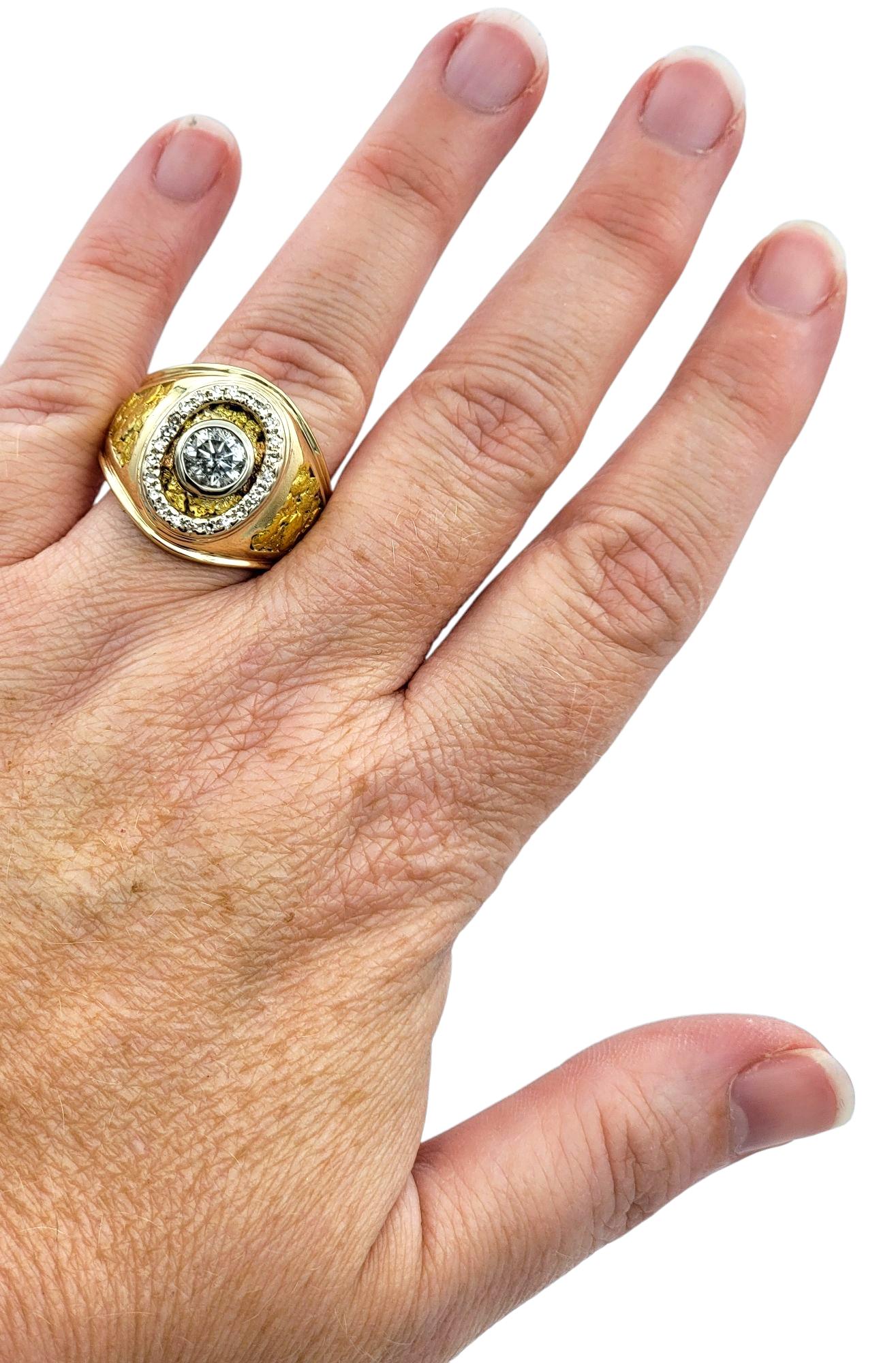 Mens Round Bezel Set Diamond Chunky Signet Ring 10 Karat Yellow and White Gold For Sale 1
