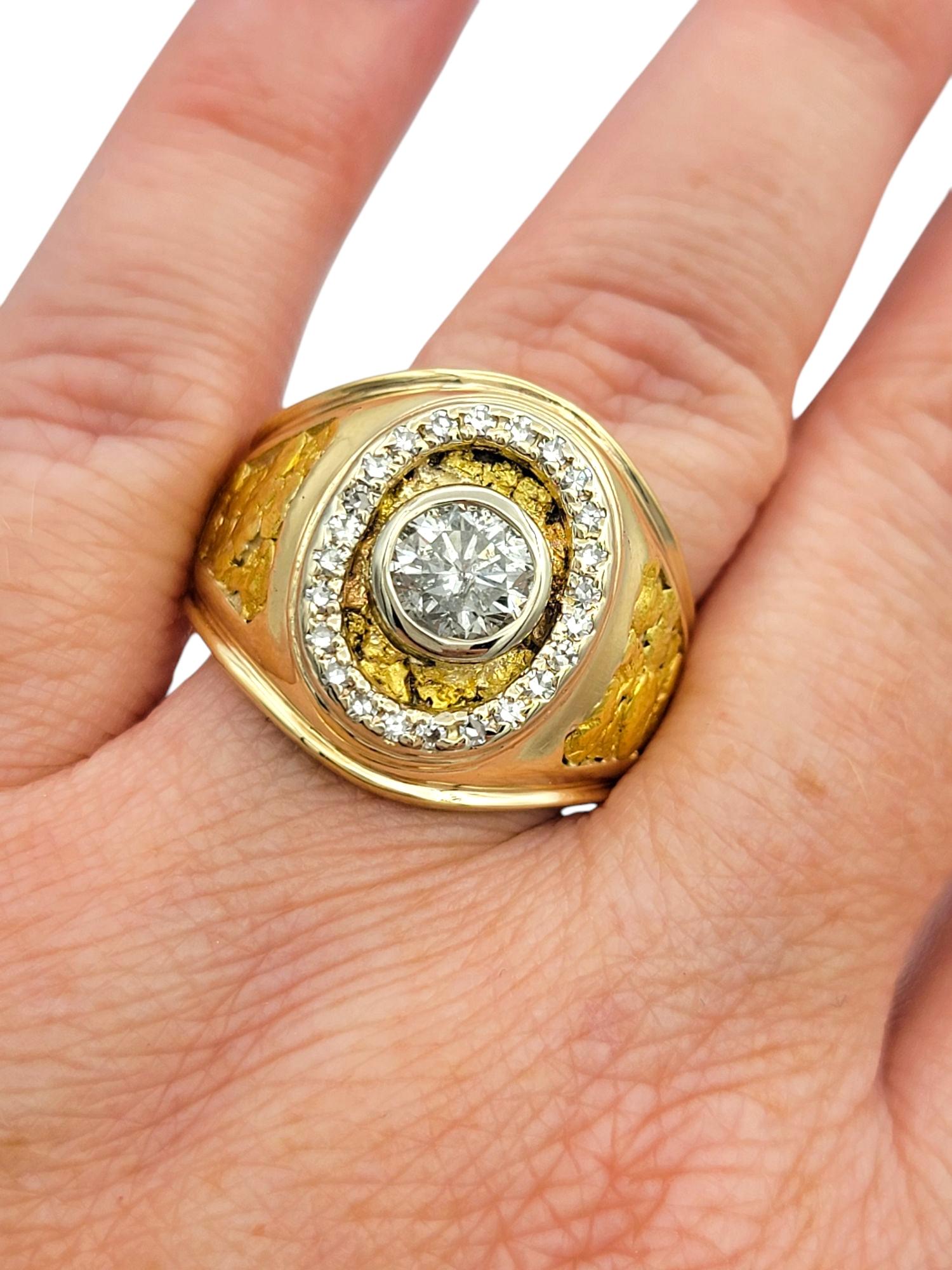 Mens Round Bezel Set Diamond Chunky Signet Ring 10 Karat Yellow and White Gold For Sale 2
