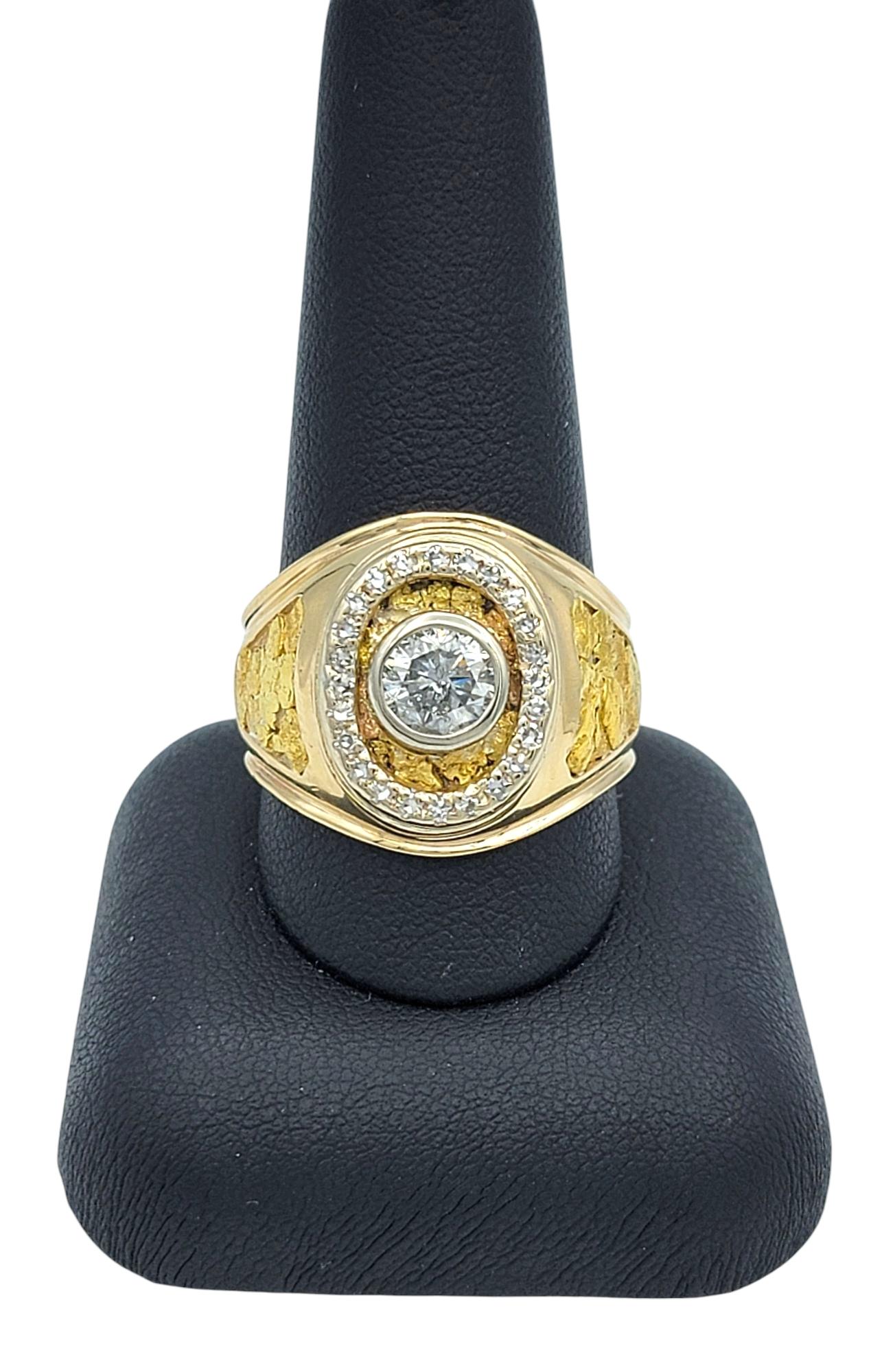 Mens Round Bezel Set Diamond Chunky Signet Ring 10 Karat Yellow and White Gold For Sale 3