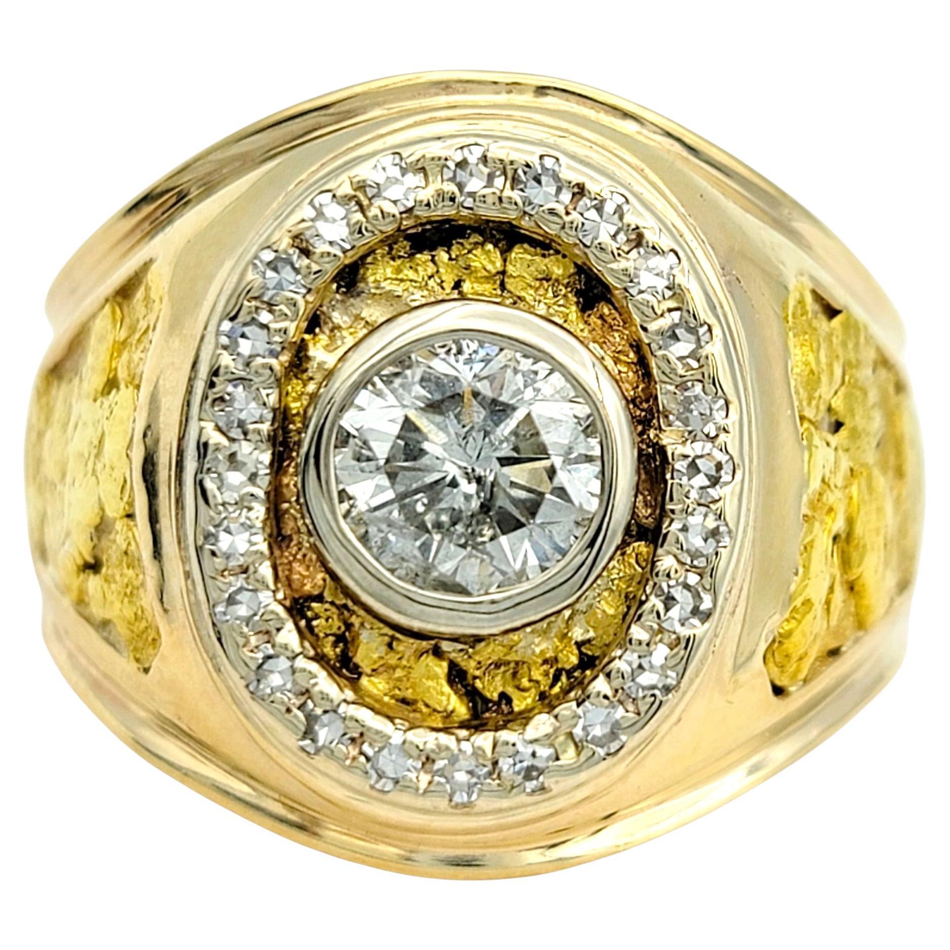 Mens Round Bezel Set Diamond Chunky Signet Ring 10 Karat Yellow and White Gold For Sale