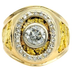 Anello con castone rotondo e diamante grosso da uomo in oro giallo e bianco 10 carati