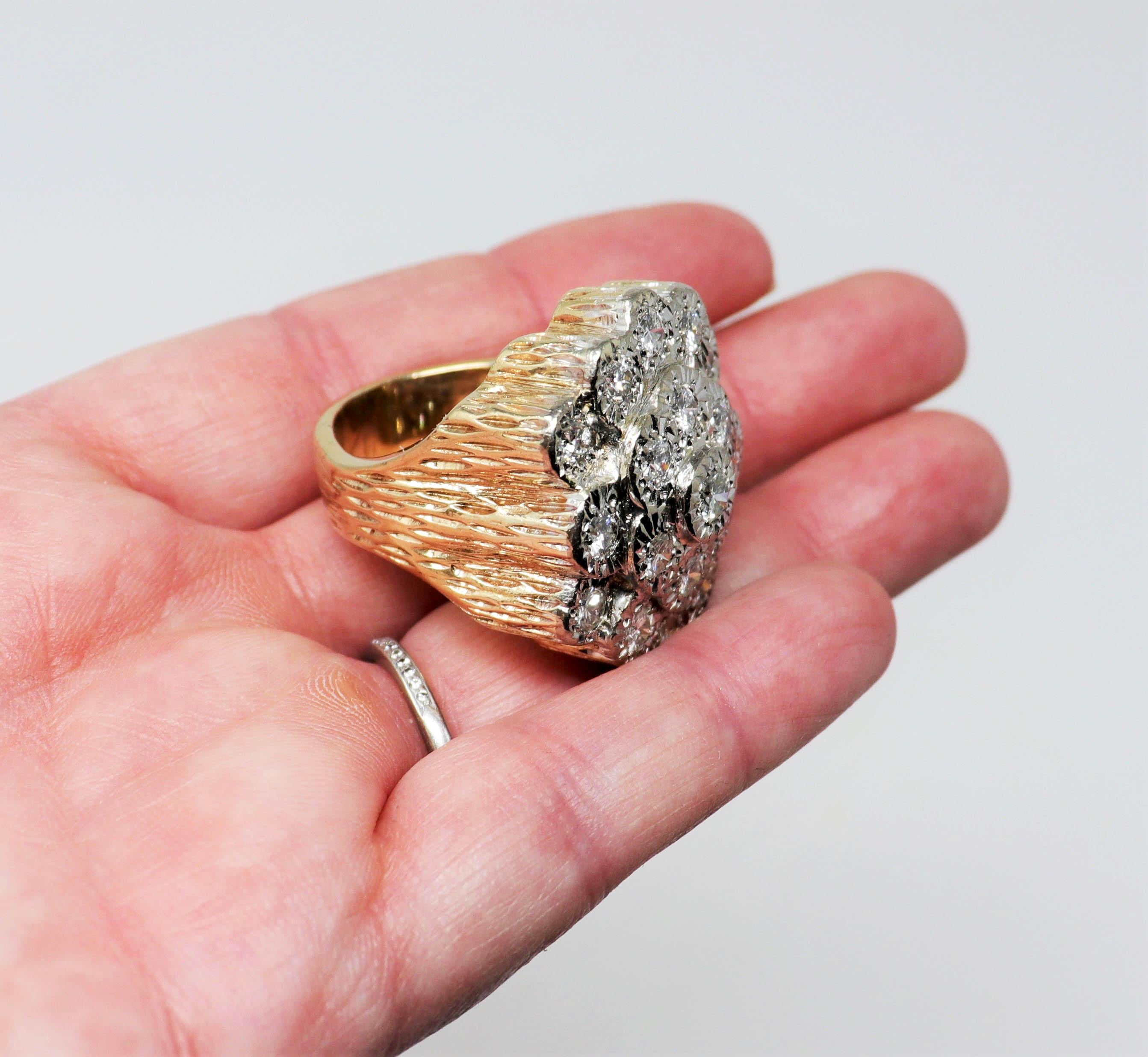 Men's Round Brilliant Diamond Cluster Tree Bark Ring 3.71 Carats Total Faux Bois For Sale 7