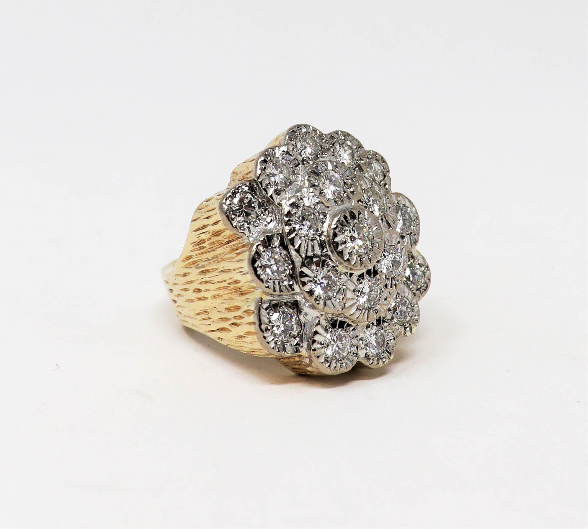Ring Size: 11.25

This massive diamond statement ring gives off massive sparkle! The unique clustered design fills the finger from edge to edge with icy white brilliance, while the bold, textured yellow gold setting gives it a one of a kind look.