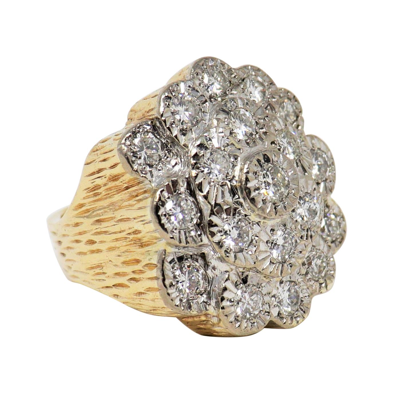 Men's Round Brilliant Diamond Cluster Tree Bark Ring 3.71 Carats Total Faux Bois For Sale