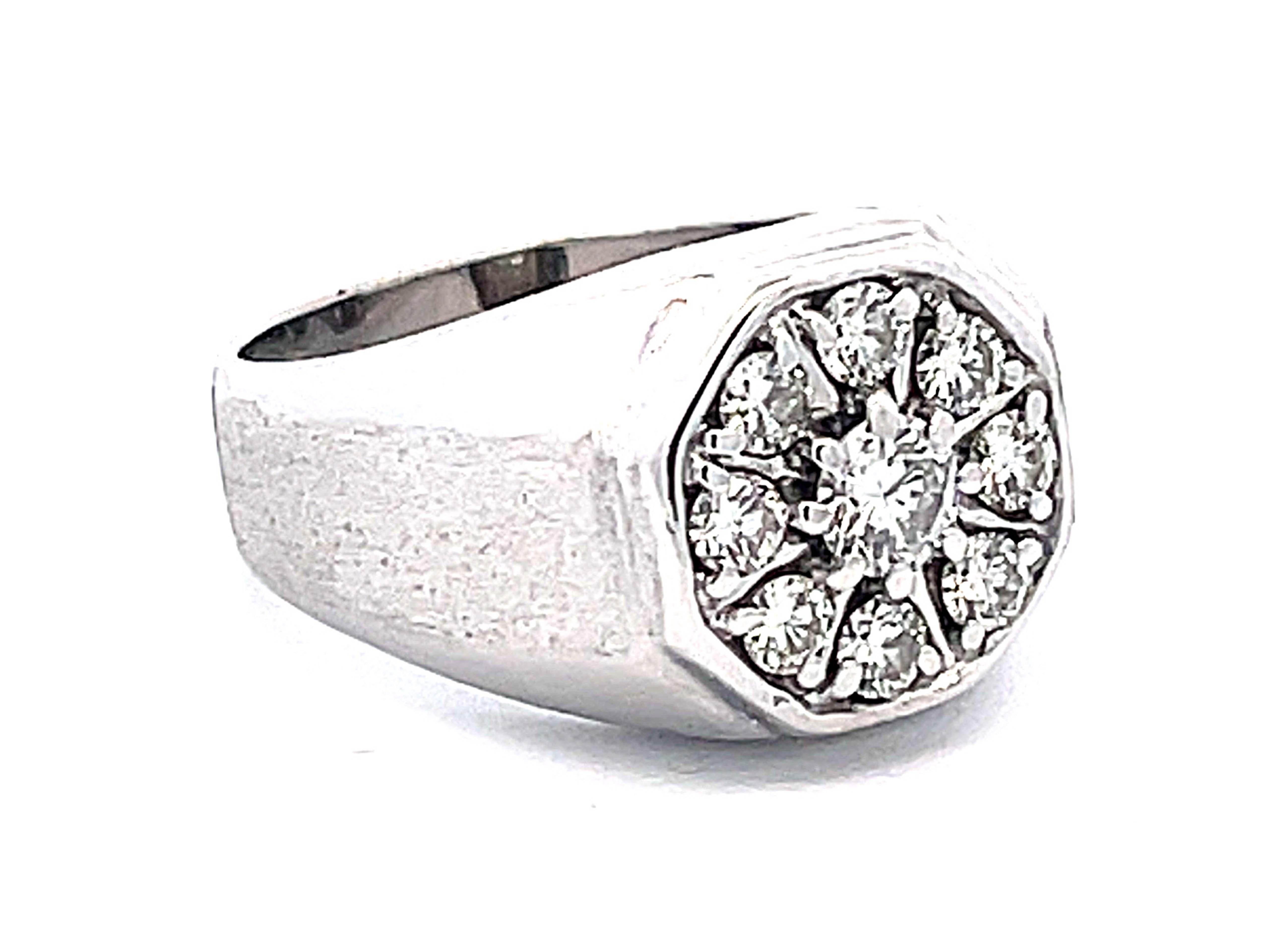 Retro Mens Round Diamond Cluster Center Ring with Textured Shoulders in 14k White Gold For Sale