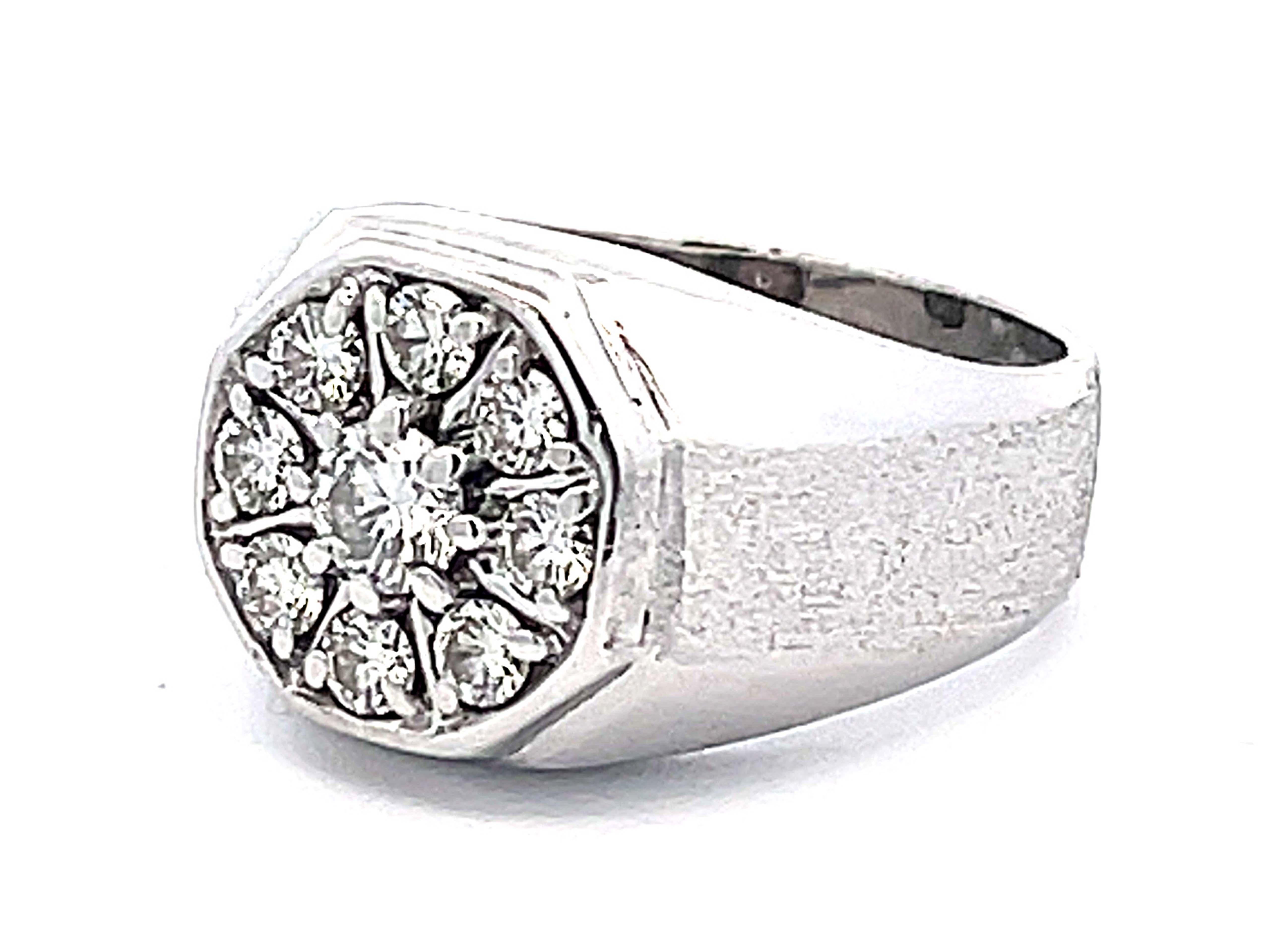 Brilliant Cut Mens Round Diamond Cluster Center Ring with Textured Shoulders in 14k White Gold For Sale