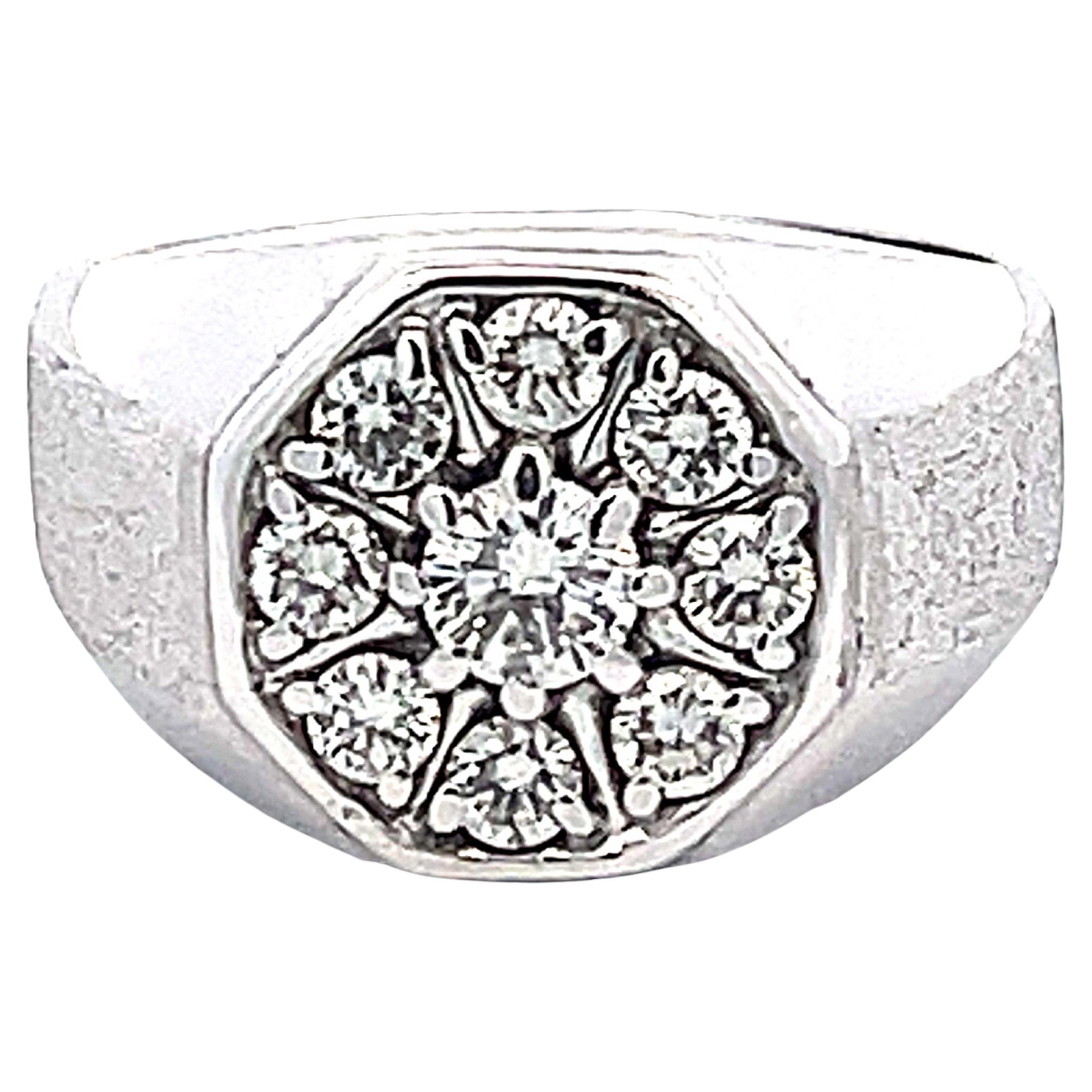 Mens Round Diamond Cluster Center Ring with Textured Shoulders in 14k White Gold For Sale