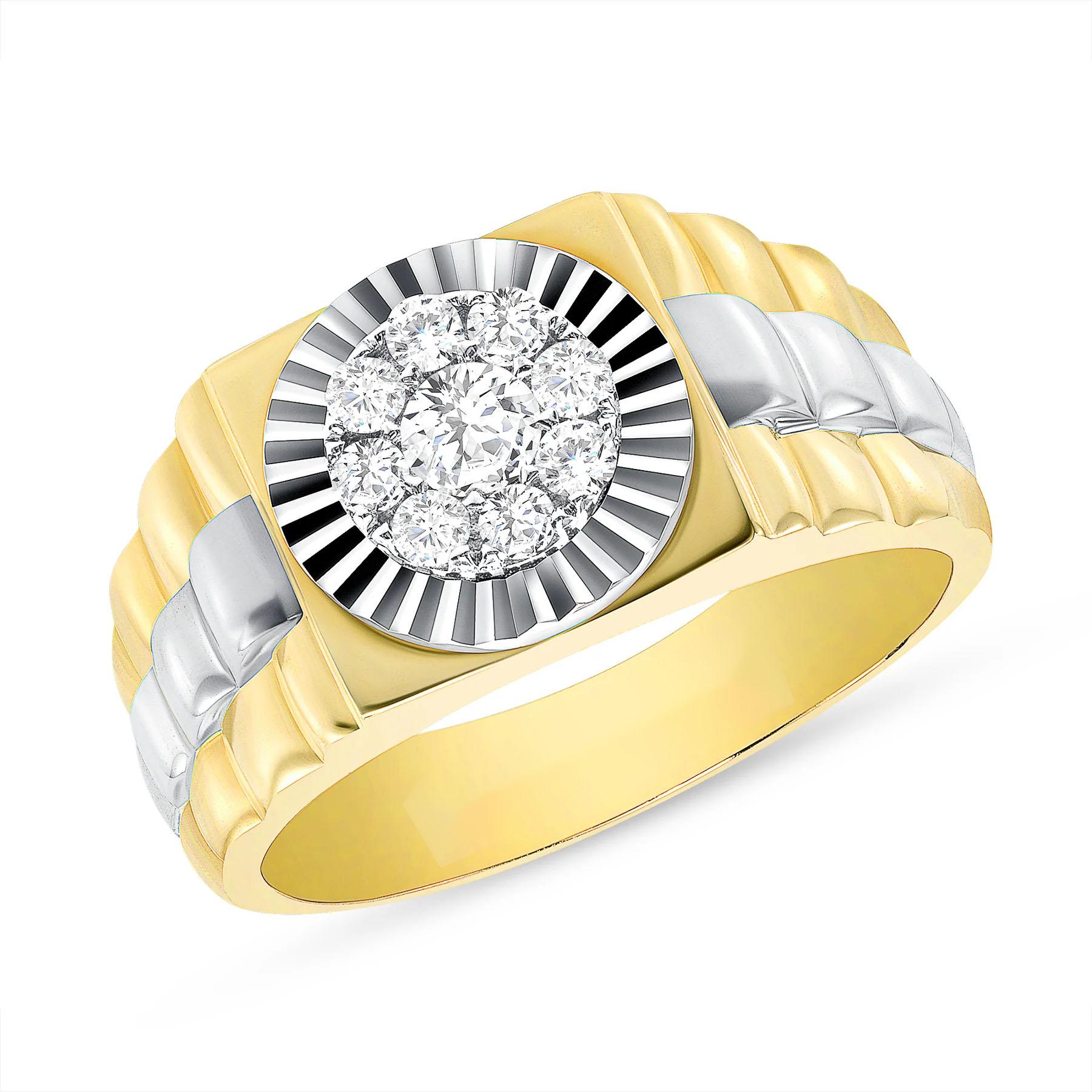 Im Angebot: Zweifarbiger Herren-Cluster-Ring mit geriffelter Lünette und rundem Diamanten () 2